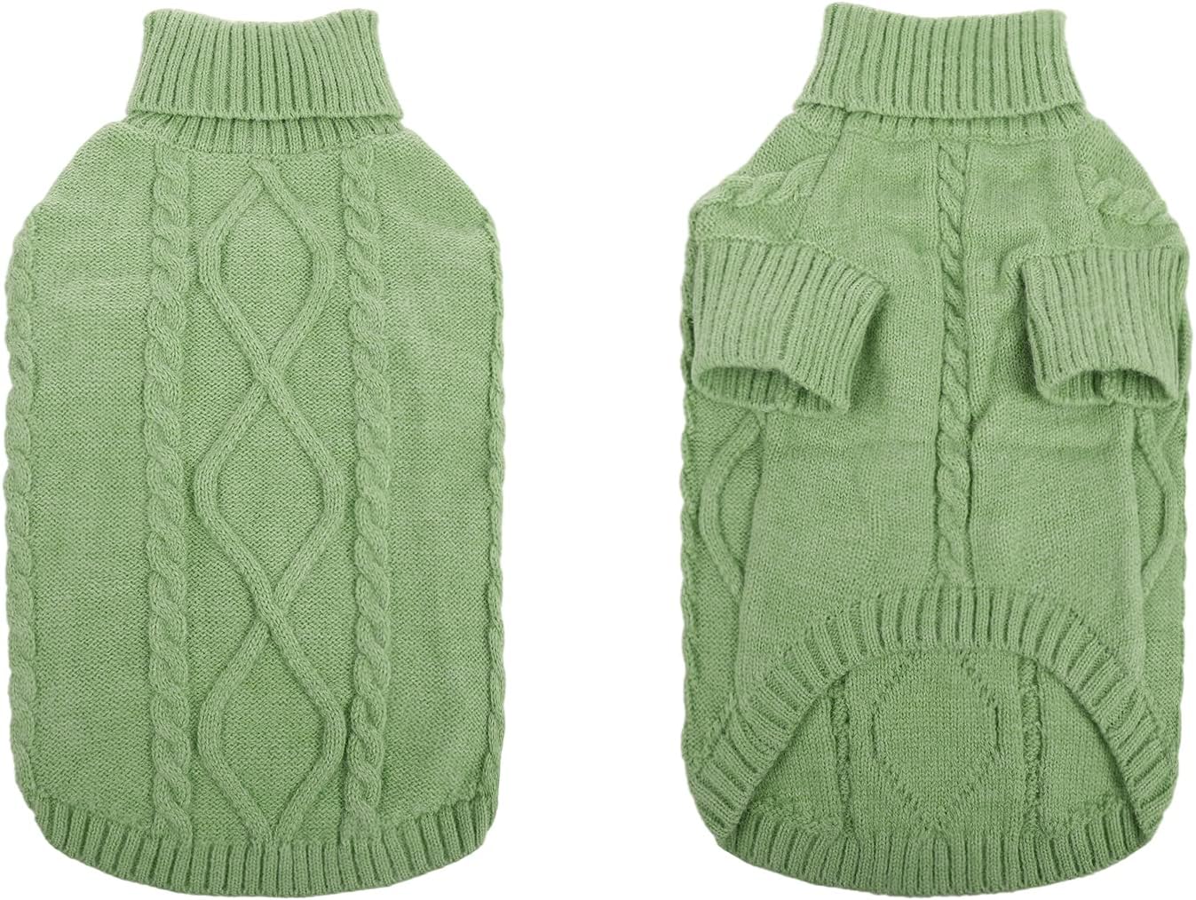 Queenmore Small Dog Pullover Sweater, Cold Weather Cable Knitwear, Classic Turtleneck Thick Warm Clothes for Chihuahua, Bulldog, Dachshund, Pug, Yorkie (Green, Large)