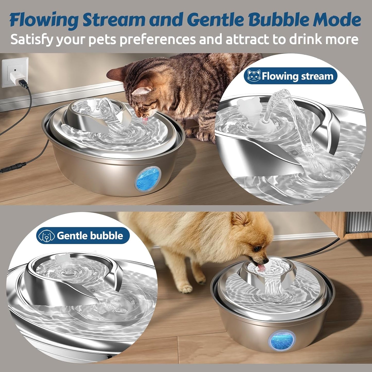 ORSDA Stainless Steel Cat Water Fountain, Automatic Pet Drinking Fountain, 67oz/2L Dog Pet Water Dispenser with Visual Water Level Window for Cats and Small Dogs- 9Pcs Filters (D36)