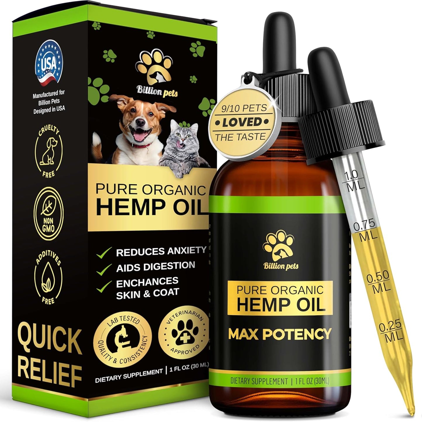 Billion Pets - Hemp Oil for Dogs and Cats - Helps with Anxiety, Pain, Stress, Sleep, Arthritis, Seizures Relief - Hip and Joint Support - Calming Drops Treats