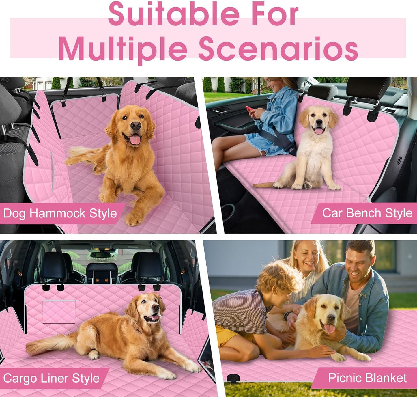 Waterproof Dog Car Seat Cover for Back Seat - Durable, Scratch Proof Pet Hammock with Nonslip Design & Storage Pockets, Fits Cars, SUVs, Trucks - S, Pink/Grey
