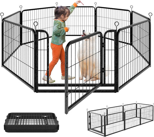Puppy Playpen 8 Panels Small Dog Fence Outdoor Indoor Use 24" Height Anti-Rust with Doors Portable Dog Play Pen for RV Camping Yard, Total 17FT, 25 Sq.ft, Snowy Black