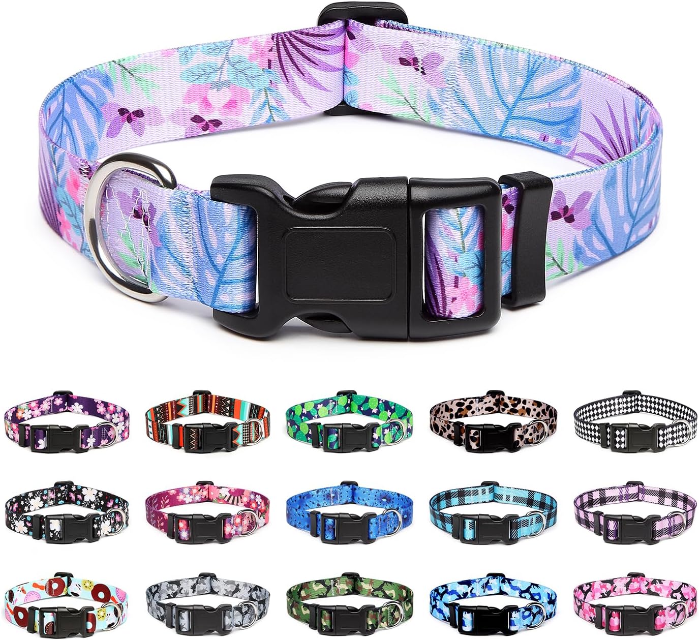 Mercano Adjustable Dog Collar - Special Design Patterns, Soft Nylon Comfortable Sturdy Pet Collar for Small Medium Large Dogs (M, Floral Purple)