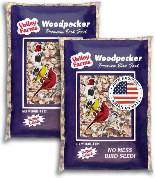 Valley Farms Woodpecker Mix 4 LB 2-Pack (8 LB Total) Wild Bird Food for Outdoor Feeders, No Mess Bird Seed, W/Peanuts and Sunflower Hearts for Birds, Woodpecker Food, Attract All Bird Species