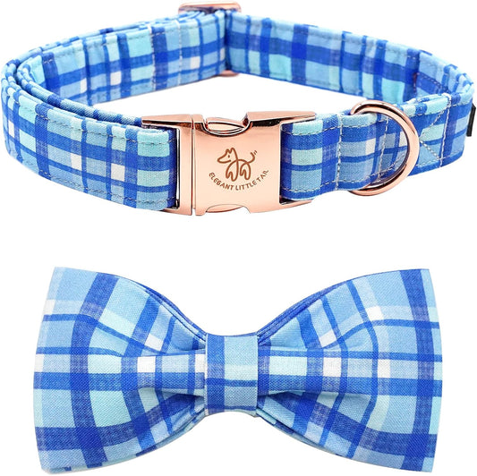Elegant little tail Dog Collar with Bow - Blue Plaid Boy Dog Collar Cute Bowtie Pet Collar Adjustable Dog Collar for Medium Dog