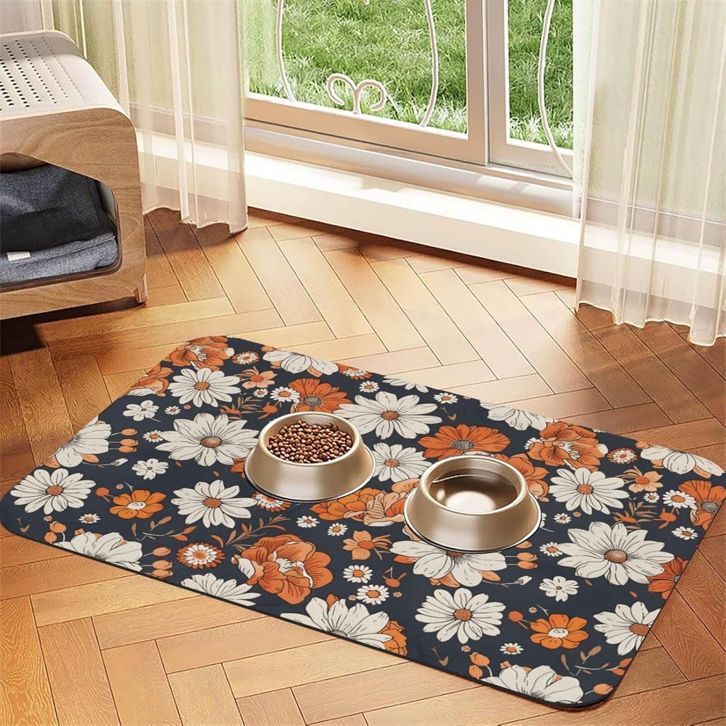 Watercolor Daisy Dog Food Mat Absorbent Bowl Mats No Stains Quick Dry Waterproof Pet Cat Placemats for Food and Water, 30x45cm
