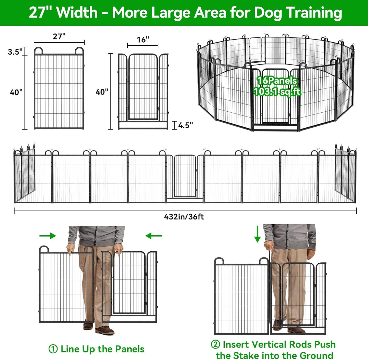 Dog Playpen Outdoor 16 Panels Heavy Duty Dog Fence 40" Height Anti-Rust with Doors Portable for RV Camping Yard, Total 36FT, 102 Sq.ft, Snowy Black