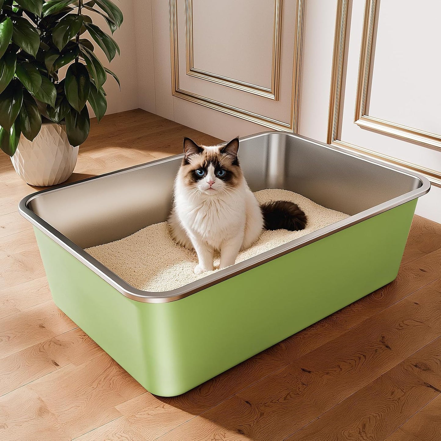 Stainless Steel Litter Box, Large Metal Cat Litter Box with High Sided for Big and Small Cats, Non-Stick, Easy to Clean, Odor-Free, 23.4" L×15.6" W×7.8" H, Leaf Green
