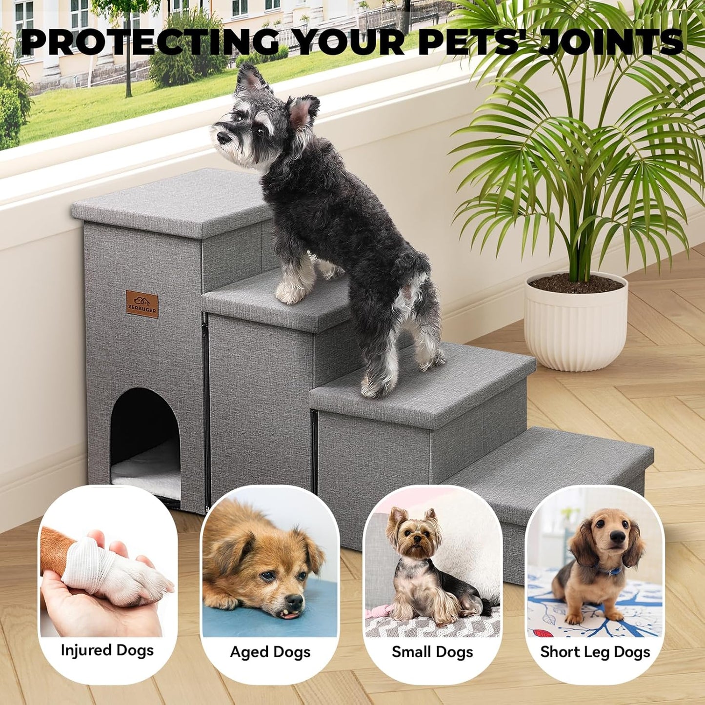 Dog Stairs 23" H, 4-Step Wider Dog Steps for High Beds Window, Folding Storage Pet Stairs Gift for Small/Medium/Large Old Dogs Cats, Ramp for Climbing Car Up to 200 lbs (Gray, with Condo)