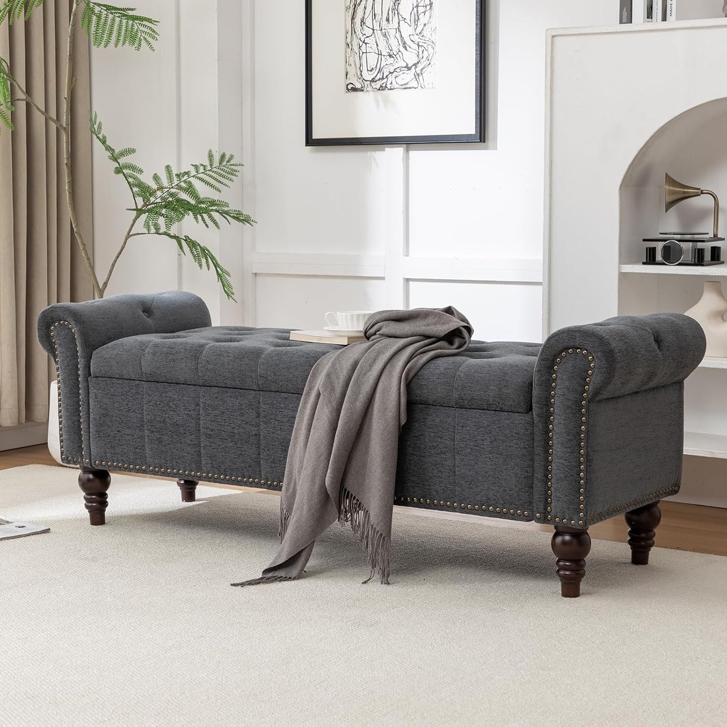 58’’ Storage Bench for Bedroom, Upholstered Button-Tufted Ottoman with Solid Wood Legs, Large End of Bed Shoe Cabinet, Window Seat Foot Rest Stool for Entryway, Closet, and Living Room (Dimgray)