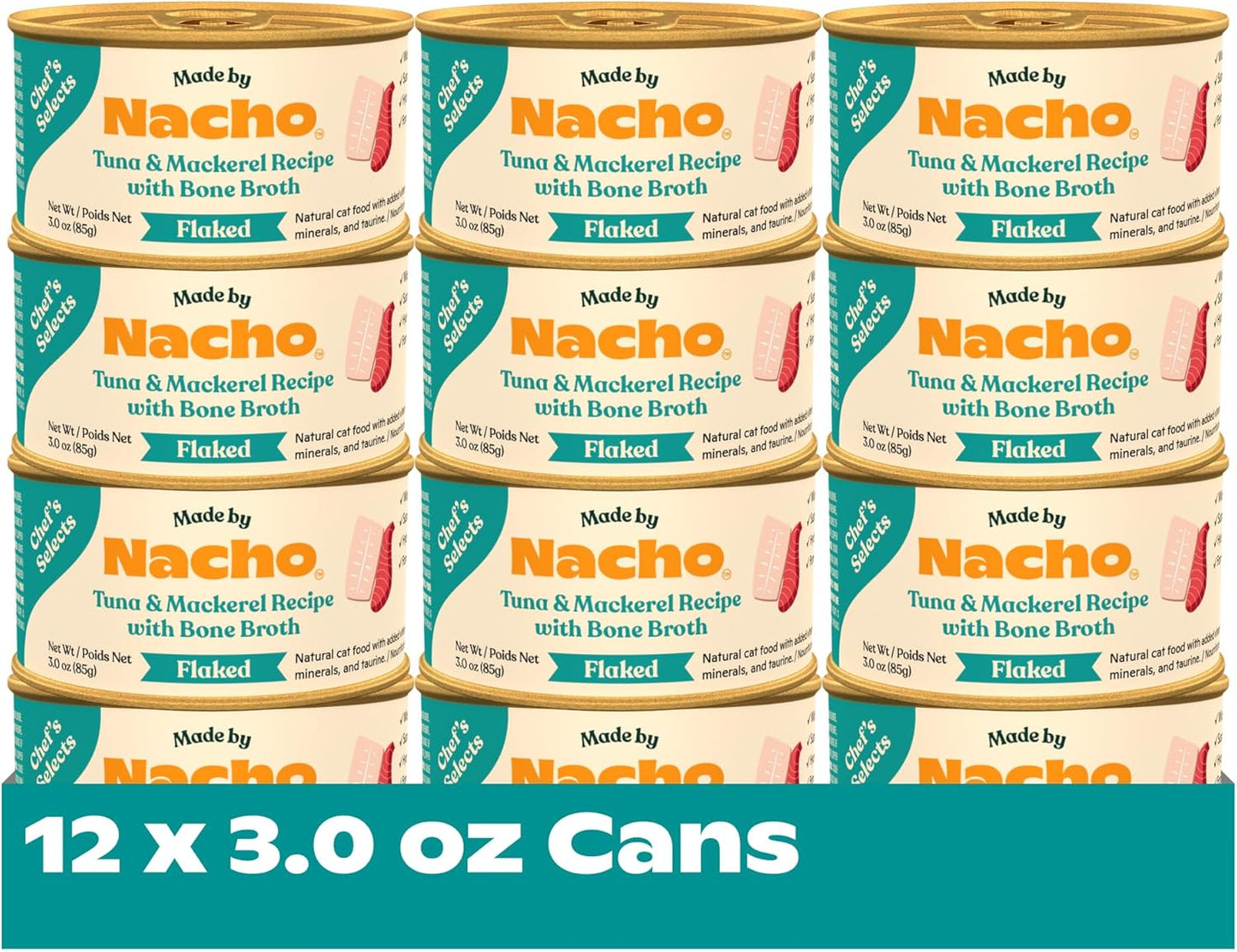 Made by Nacho Flaked Filets Recipe in Bone Broth, Grain-Free Chef's Selects Wet Food for Cats Balanced Diet in Naturally Hydrating Pumpkin-Infused Broth (3.0 oz (Pack of 12), Tuna & Mackerel)