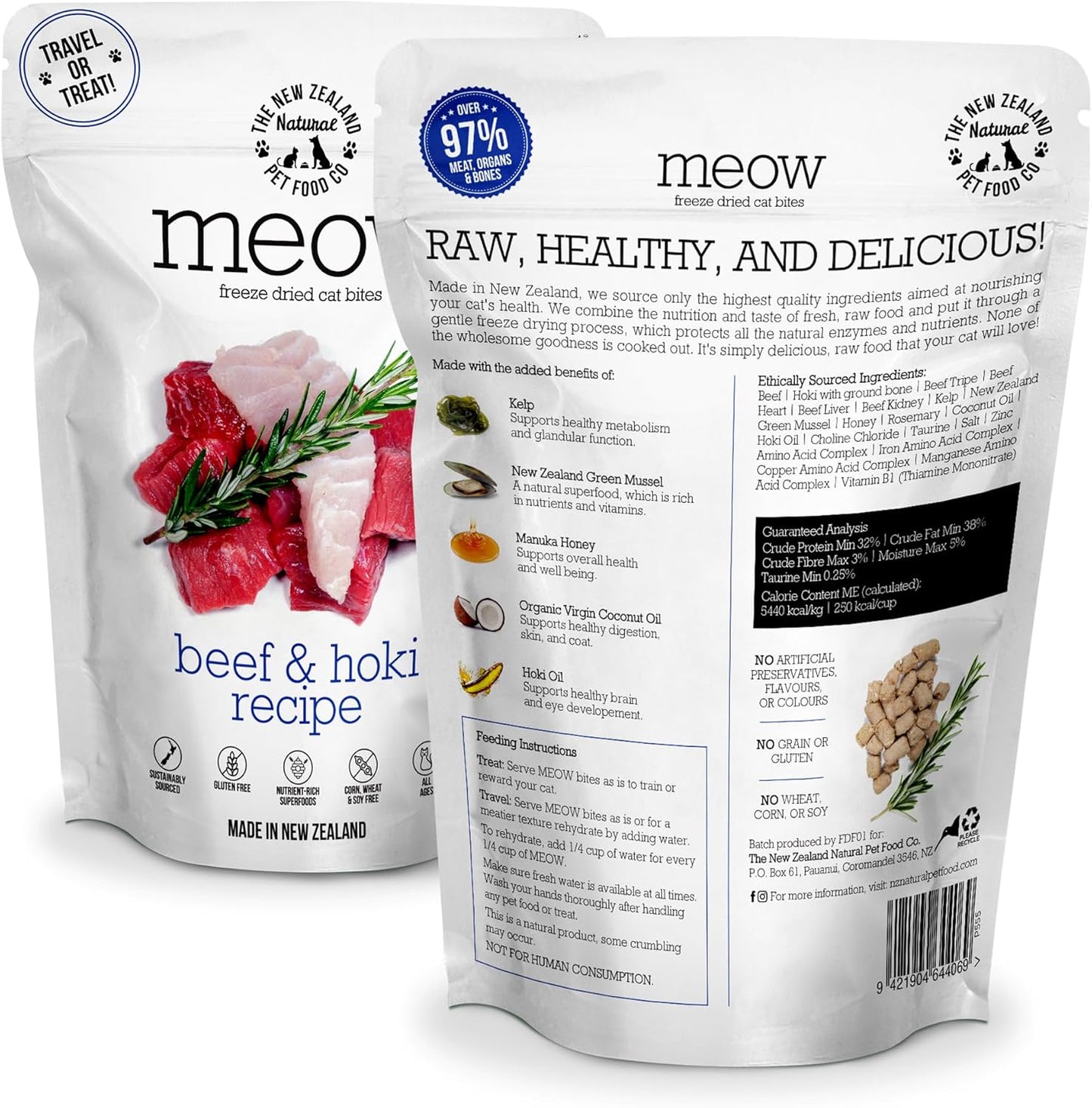 Meow Freeze Dried Cat Food - Beef & Hoki Recipe, High Protein Cat Treats, Meals & Toppers, Dry Cat Food,1.76 oz