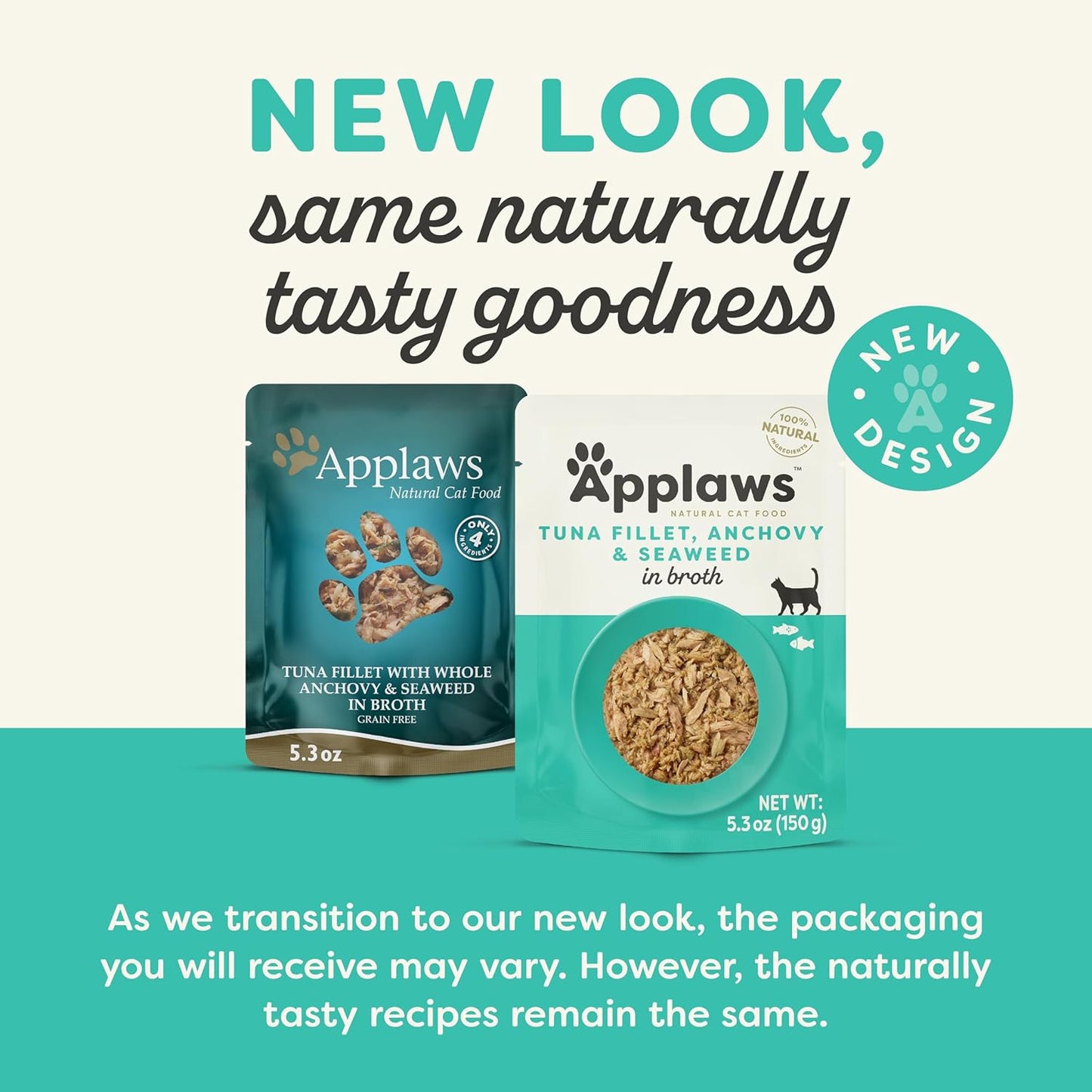 Applaws Natural Wet Cat Food in Broth, Limited Ingredient Wet Cat Food Pouches, No Additives, Made with Natural Ingredients, Tuna Fillet with Anchovy & Seaweed in Broth (12 x 5.3oz Pouches)