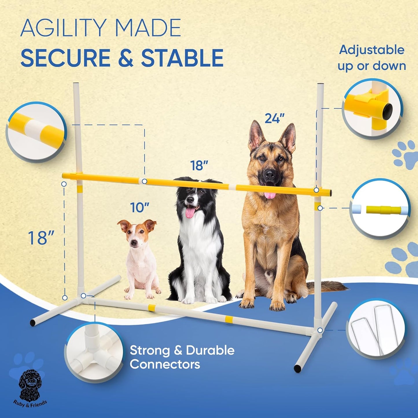 Ruby & Friends Dog Agility Equipment: Create 6 Sturdy Obstacle Courses with Our Dog Agility Course Backyard Set, Including Weave Poles, Ring Jumps and Hurdles with This Obstacle Course for Dogs