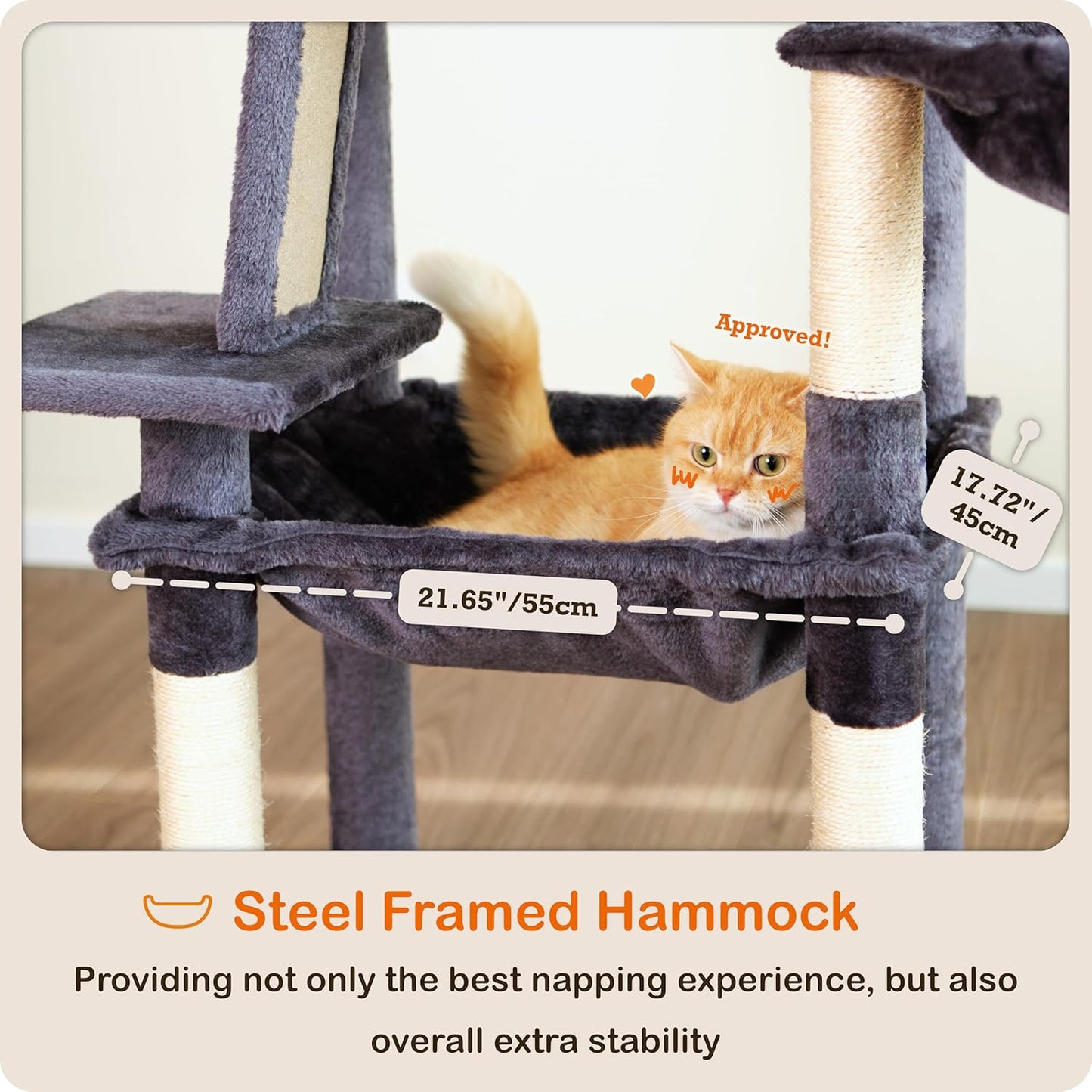 Ouritsu Cat Tree, 56 inch Tall Cat Tower for Large Cat Indoor, Large Condo, 2 Padded Perches, Steel-Framed Hammock, Scratching Post and ramp, Fluffy Basket, Dark Gray, LF001DG