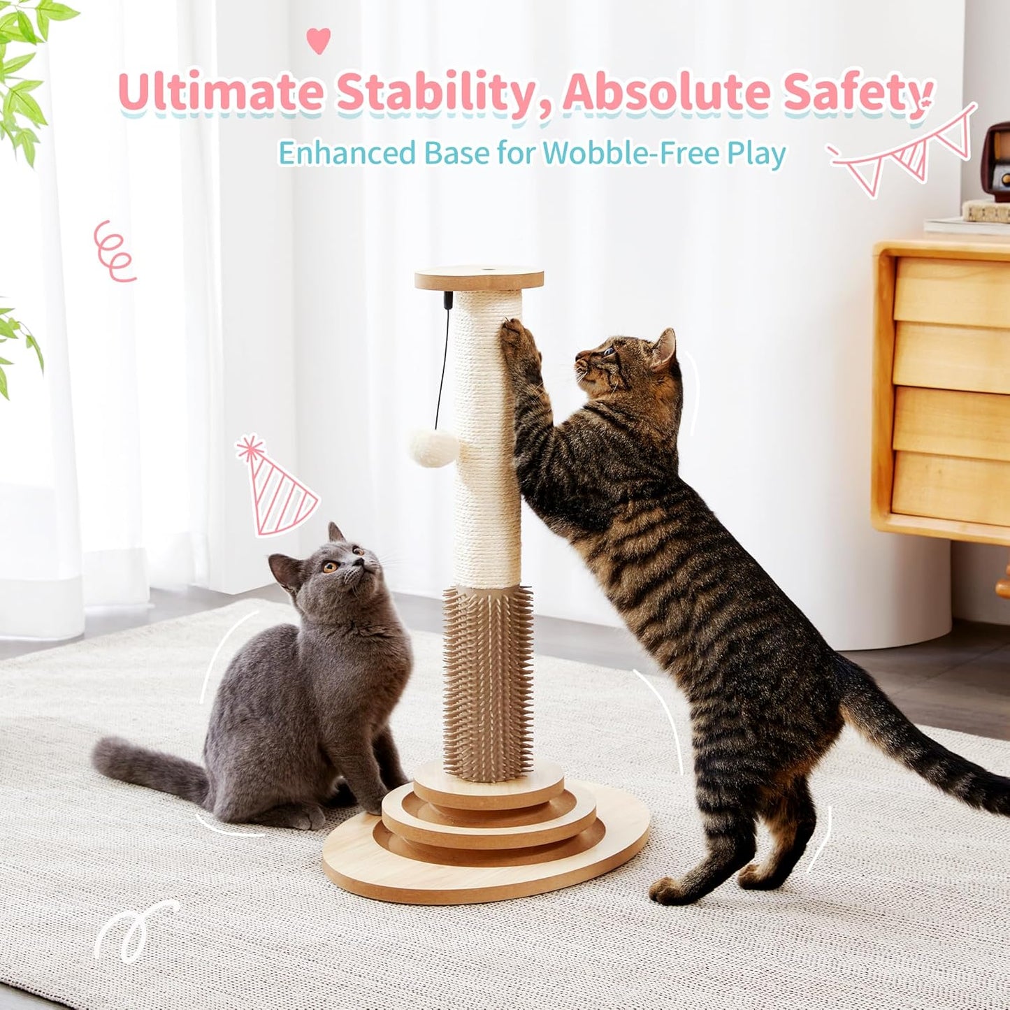 Made4Pets Cat Scratching Post, 23" Tall Sisal Cat Scratcher Post with Self Groomer, 4-in-1 Interactive Trackball Toys with Hair Brush, Vertical Cat Climbing Tree with Dangling Plush Balls