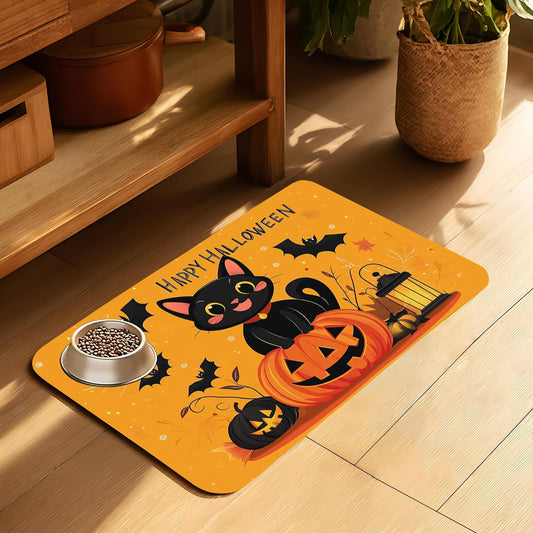 Happy Halloween Cat Pet Feeding Mat for Floors-Absorbent Dog Bowl Mat for Food and Water, Quick Dry Pet Cat Feeding Mats with Non Slip Bottom, Mess-Free Dog Accessories 12"x20"