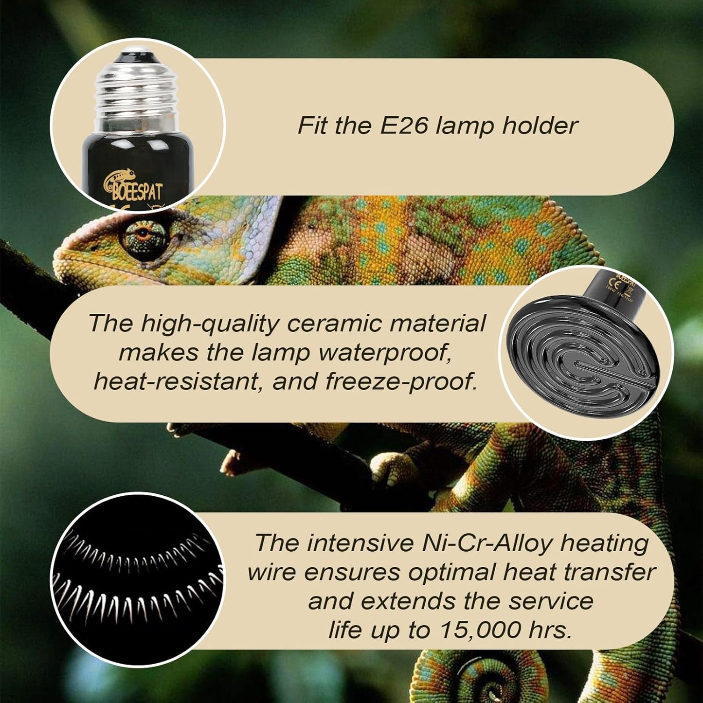Pack of 3 Black Ceramic Heat Emitters, 100W Reptile Heat Bulbs for Lizards, Snake, Bearded Dragon, Reptiles & Amphibians, No Light & No Disturbing
