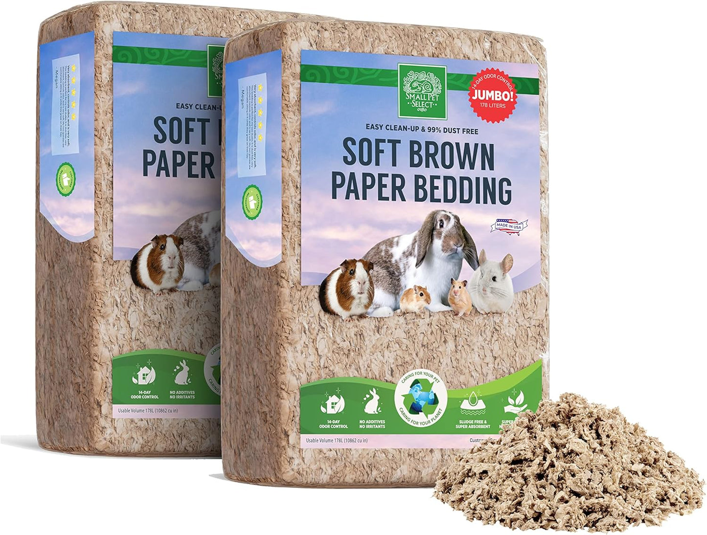 Small Pet Select Brown Natural Paper Bedding, Soft Animal Bedding with Odor Control for Guinea Pig, Rabbit, Hamster, or Bunny, Cage Accessories, Made in the USA, 178L (2 Pack)