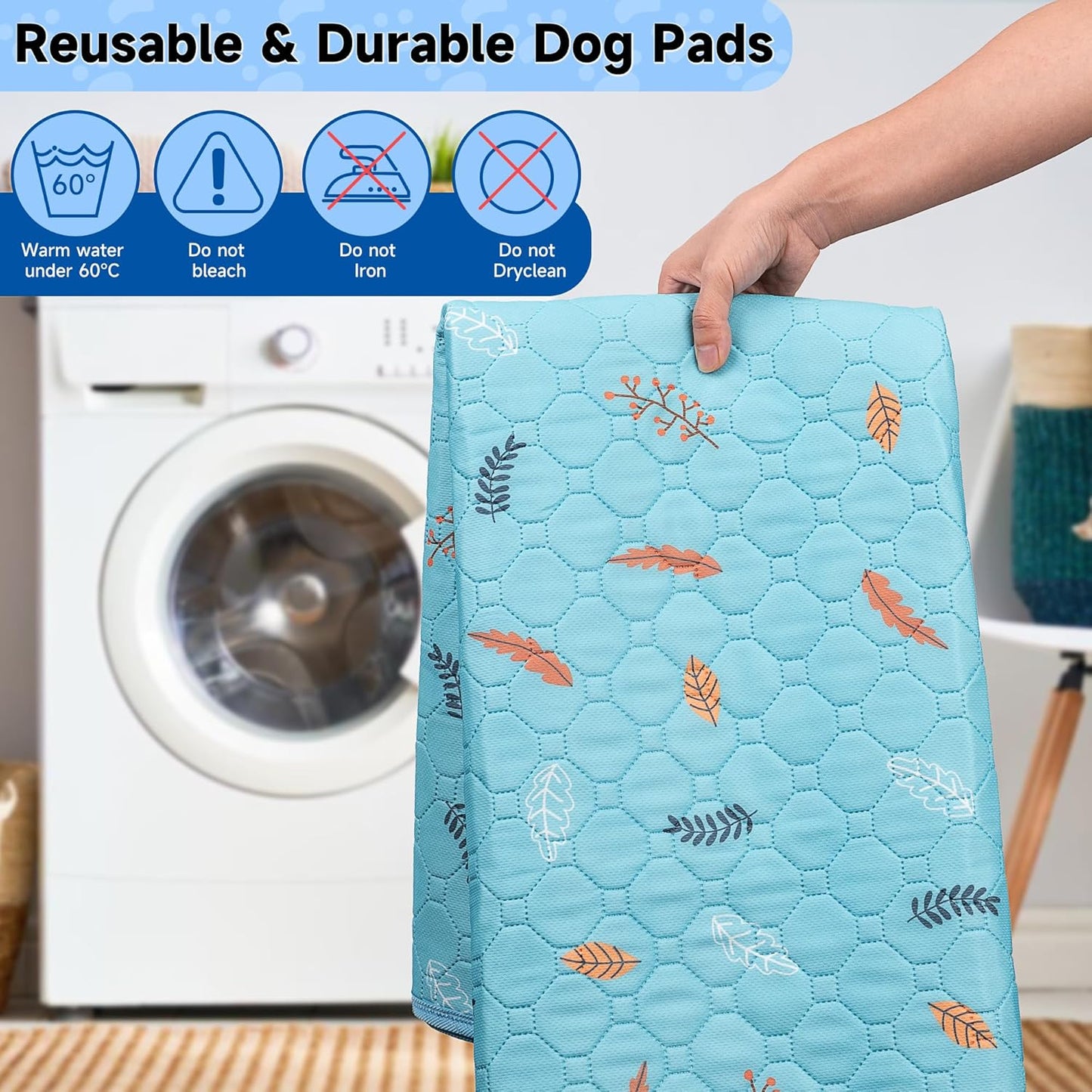 Sunheir Washable Pee Pads for Dogs Extra Large 36" x 48" 2-Pack Reusable Puppy Pads Pet Training Pads, Whelping Pad, Non-Slip Protects Against Urine Leakage (Leaves - Sky Blue, 36x48)