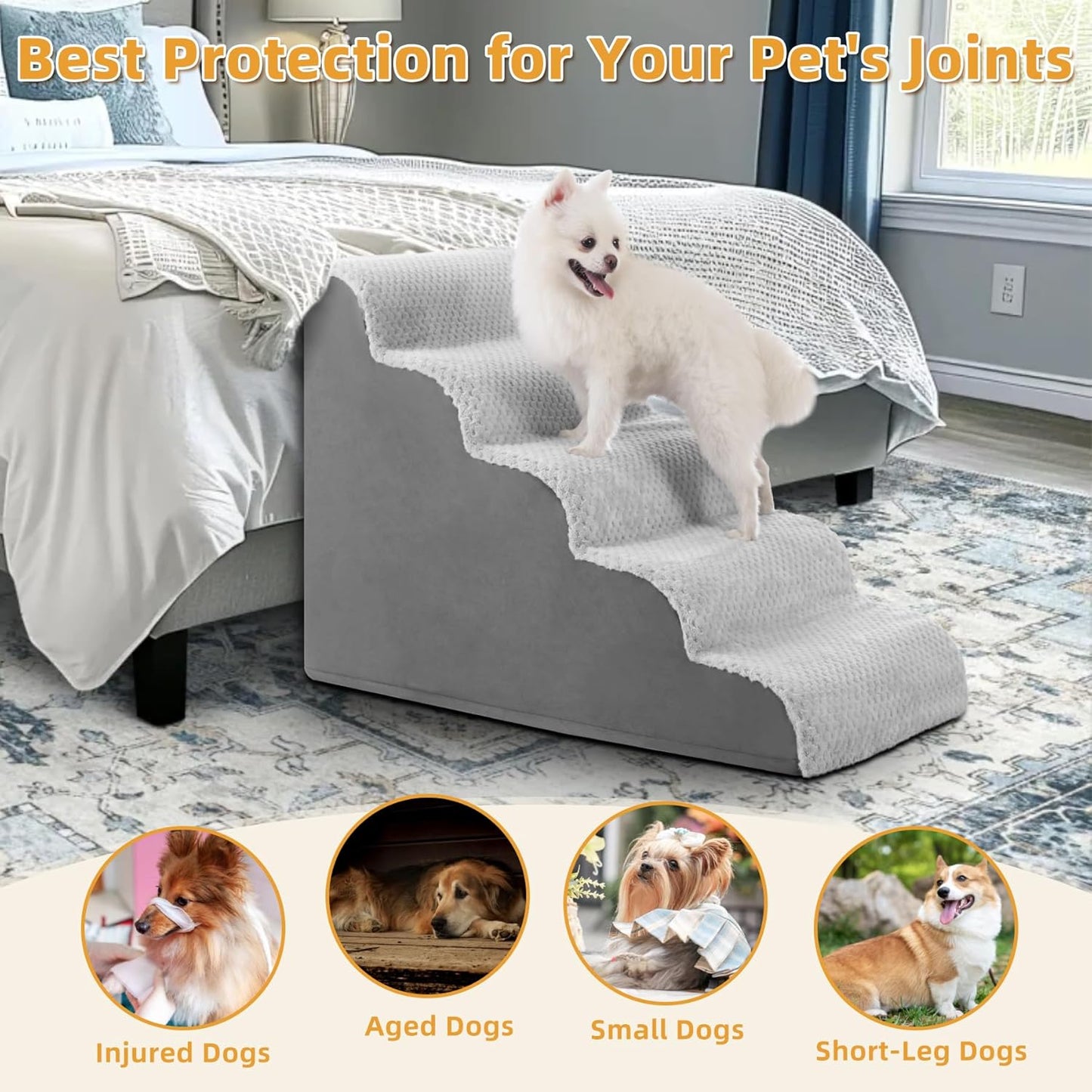 MIHIKK Dog Stairs Ramp, Curved 5-Step Dog Steps for Small Dogs and Cats, Pet Stairs for High Beds and Couch with Anti-Slip Washable Cover and Durable High Density Foam, Grey