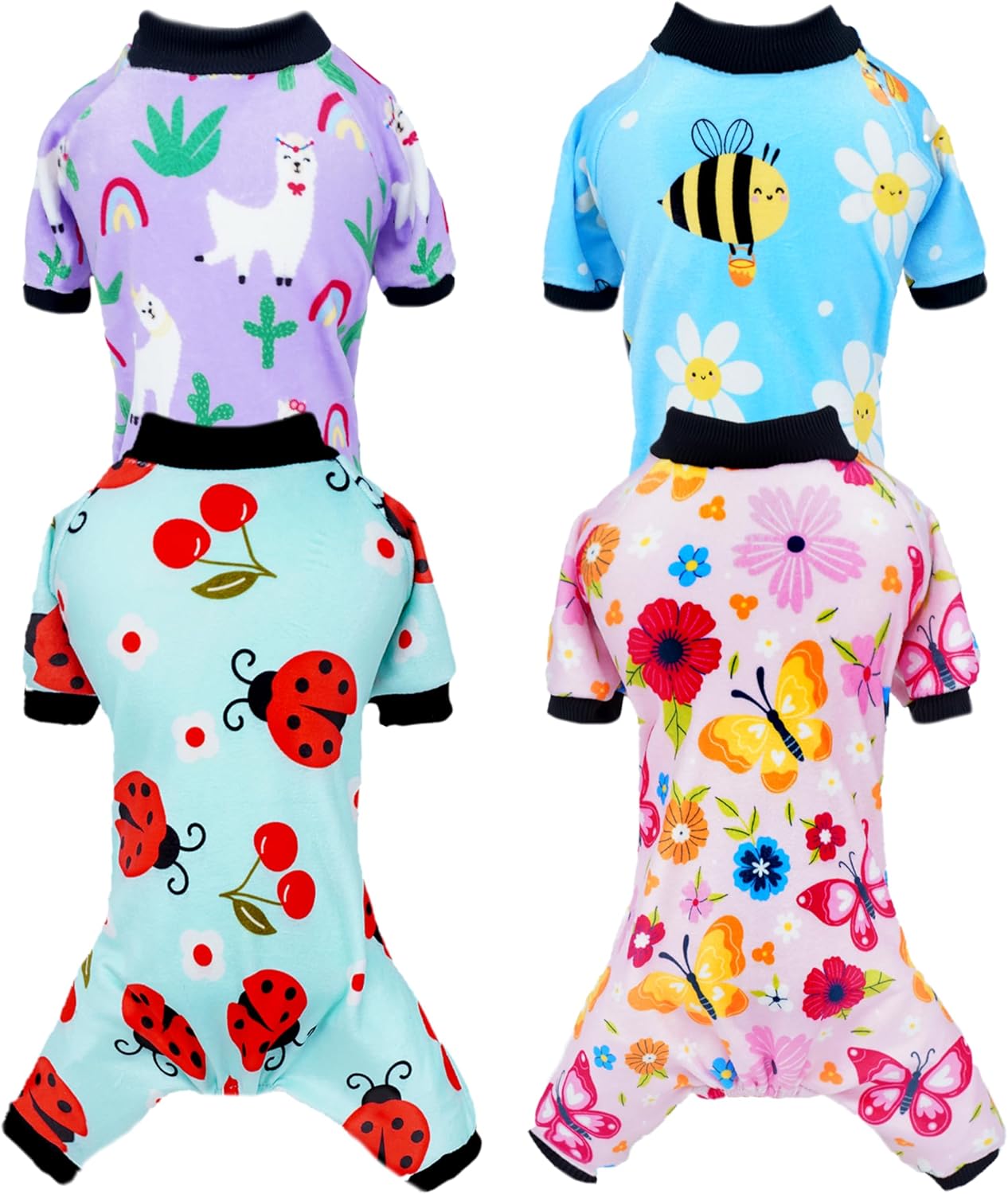 PET SHOW 4 Pack Small Dog Pajamas Spring Dog Clothes for Medium Dogs Girl Boy Soft Stretchy PJs Bee Ladybug Jumpsuit Puppy Floral Onesies Outfits with Sleeve Pets Dachshund Costume(XXL, Spring)