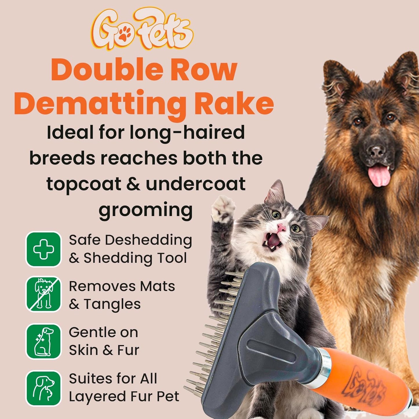 GoPets Double Row Dematting Rake, Undercoat Grooming Tool for Thick and Long Coat Pets, Ideal for Sensitive Skin, Reduces Breakage, Supports Daily Shedding Control, Detangler for Dogs and Cats