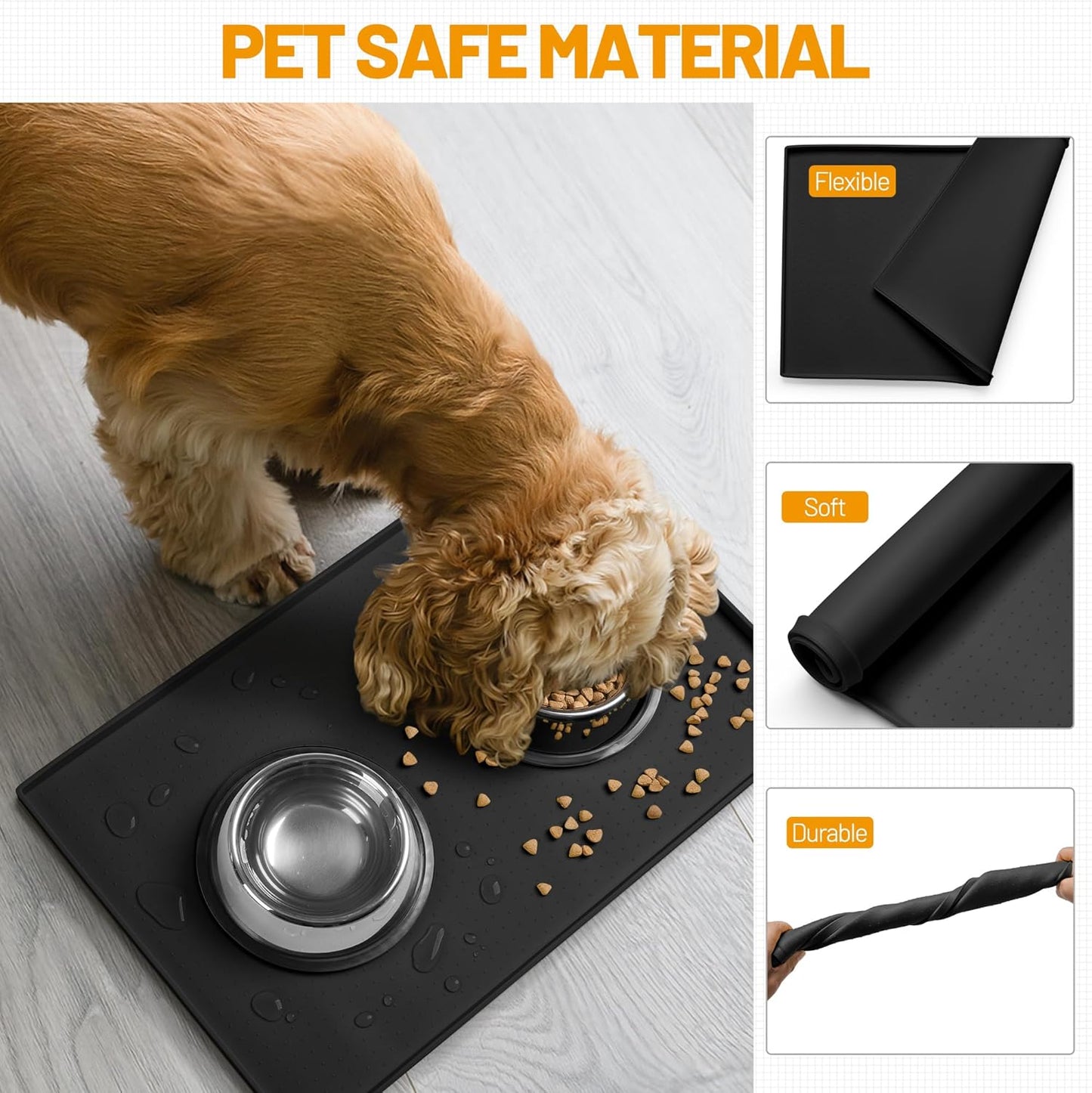 Hubulk Dog Feeding Mat,100% Waterproof Food Grade Silicone Pet Food and Water Bowl Placemat,Dishwasher, High Raised Edge to Prevent Spills,Nonslip Tray to Stop Messes on Floor（28"x18"x0.8", Black）