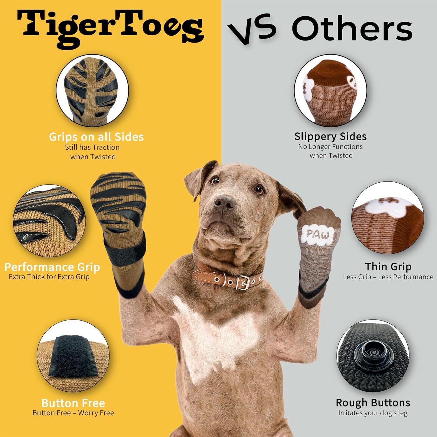 DOK TigerToes Premium Non-Slip Dog Socks for Hardwood Floors - Extra-Thick Grip That Works Even When Twisted - Prevents Licking, Slipping, and Great for Dog Paw Protection (Cool Caramel, Medium)