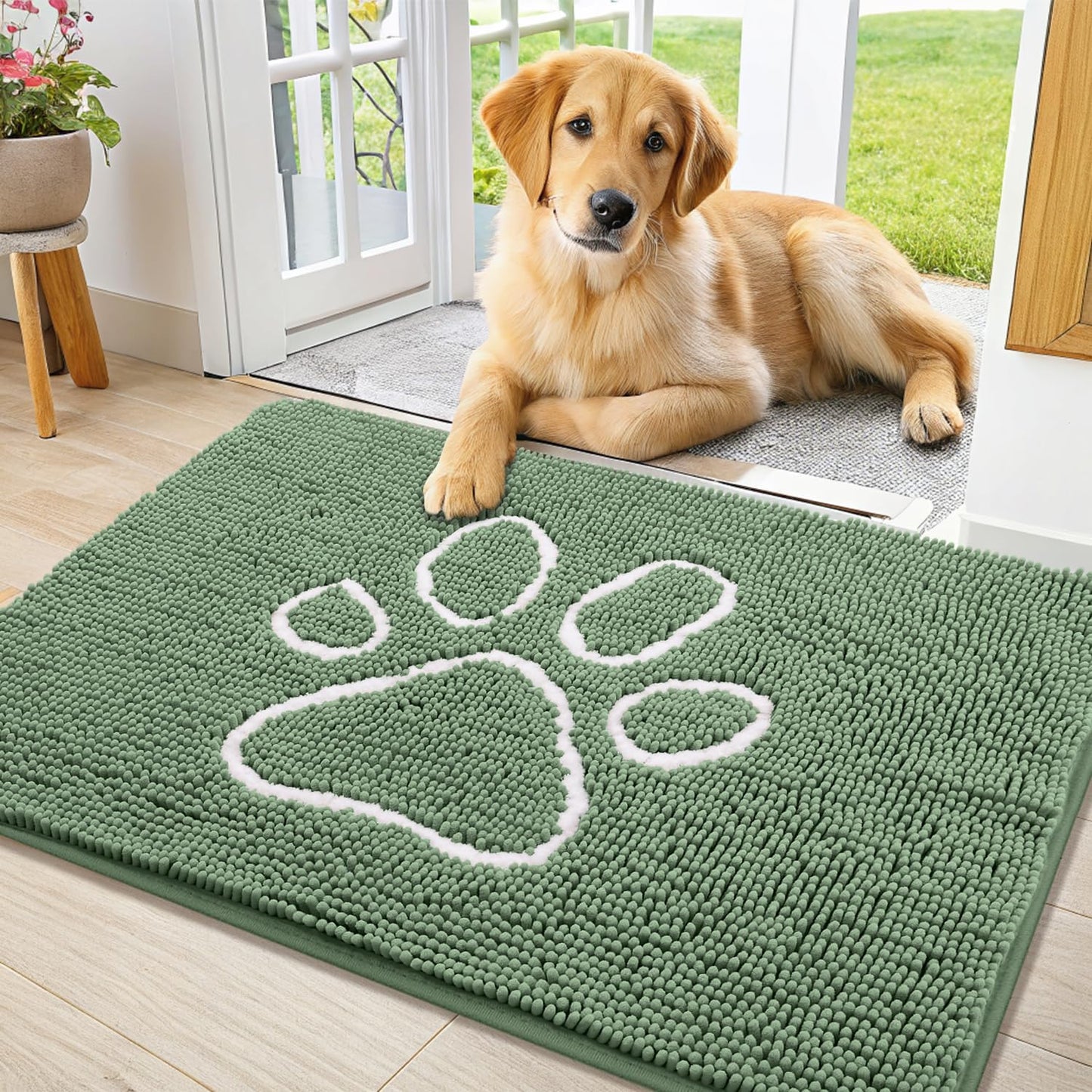 Smiry Dog Door Mat for Muddy Paws, Absorbent Dirt Trapper Non Slip Quick Dry Washable Chenille Mat for Mud Dogs, Entry Rug for Indoor and Outdoor (36x24 Inches, Olive Green and White)