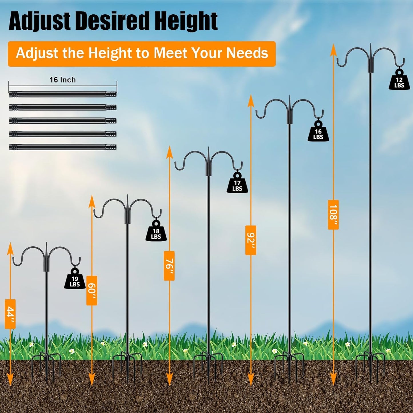 FEED GARDEN Adjustable Double Shepherds Hook for Outdoor with 5 Prong Base 108 Inch Heavy Duty Two Sided Bird Feeder Pole for Hanging Plant Baskets, Solar Light Lanterns, Wind Chimes
