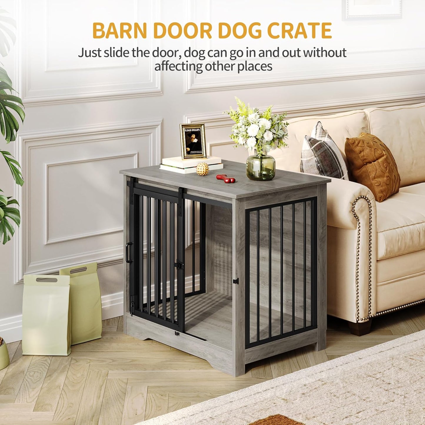 27.2" Dog Crate Furniture with Barn Door, Heavy Duty Dog Kennel Indoor with 2 Doors, Wooden Pet Cage End Table for Small Medium Dogs up to 22 lb, Anti-Chew Anti-Escape, Greige DFC84305B