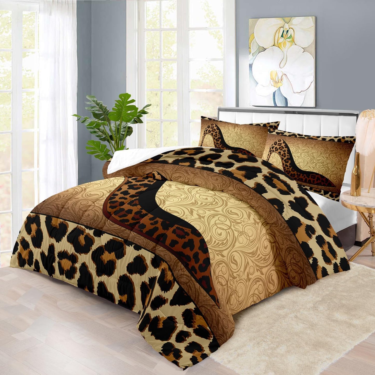Leopard Comforter Set Full Girls,Sexy High Heel Comforter for Women,Leopard Print Bedding Set Full Adult,High Heel Quilt Bedroom Decor,African Animal Print Bedding Quilt