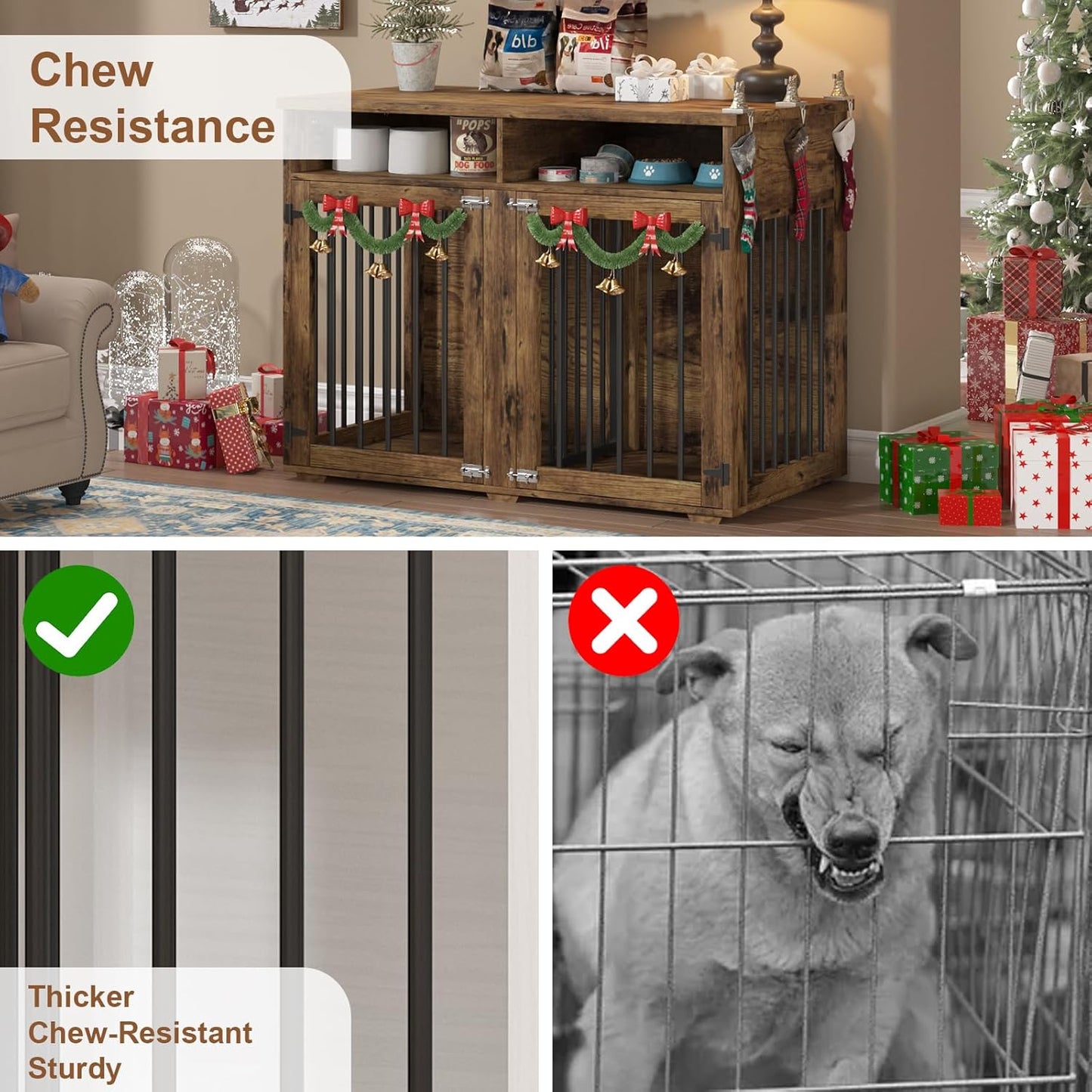 Furniture Dog Crate for 2 Dogs, 41 Inch Dog Kennel Furniture with Removable Divider and Shelf Storage, Wooden Dog Crate for Small/Medium Dogs, Rustic Brown