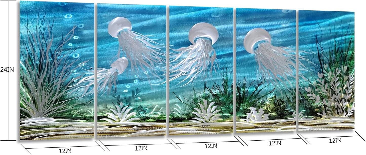 SYGALLERIER Coastal Metal Wall Art Handcrafted 3D Jelly Fish Aluminum Artwork Modern Sea World Pictures Contemporary Abstract Sculpture for Living Room Bedroom Bathroom Decor