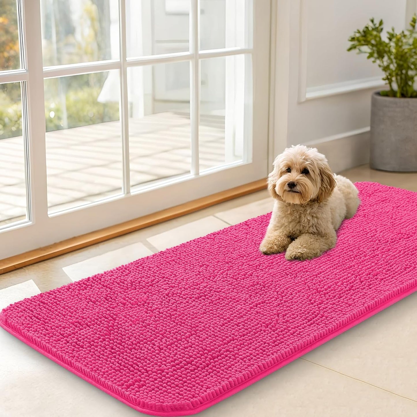 OLANLY Dog Door Mat for Muddy Paws 47x20, Absorbs Moisture and Dirt, Absorbent Non-Slip Washable Doormat, Quick Dry Chenille Mud Mat for Dogs, Entry Indoor Entryway Carpet for Inside Floor, Hot Pink