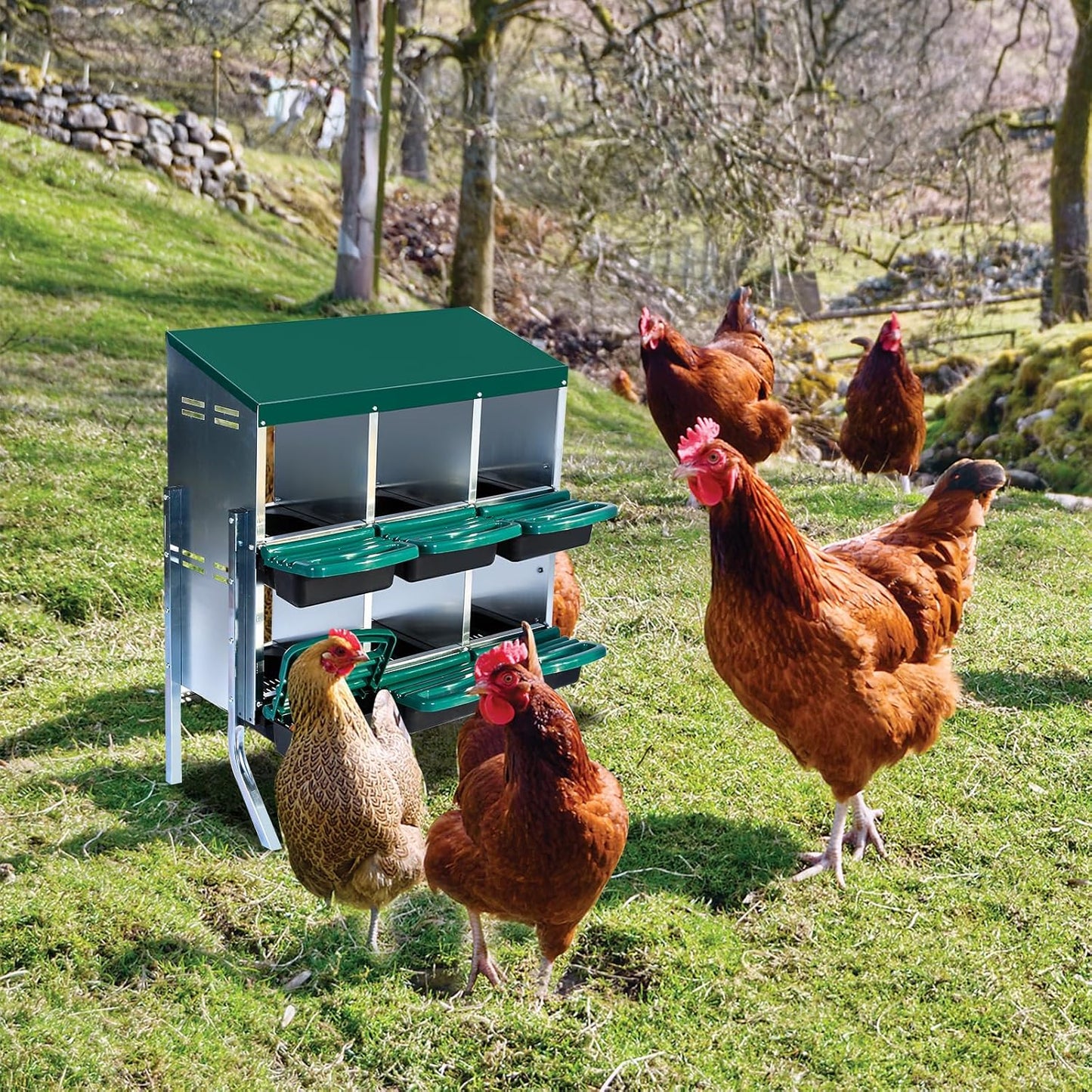 Nesting Boxes for Chickens, Chickens Laying Boxes for Chicken Coop with Legs, 6 Compartments Chicken Nesting Boxes, with Removable Tray, Easy Cleaning, for Hens Outdoor Chicken Coop Farm Yard, Green
