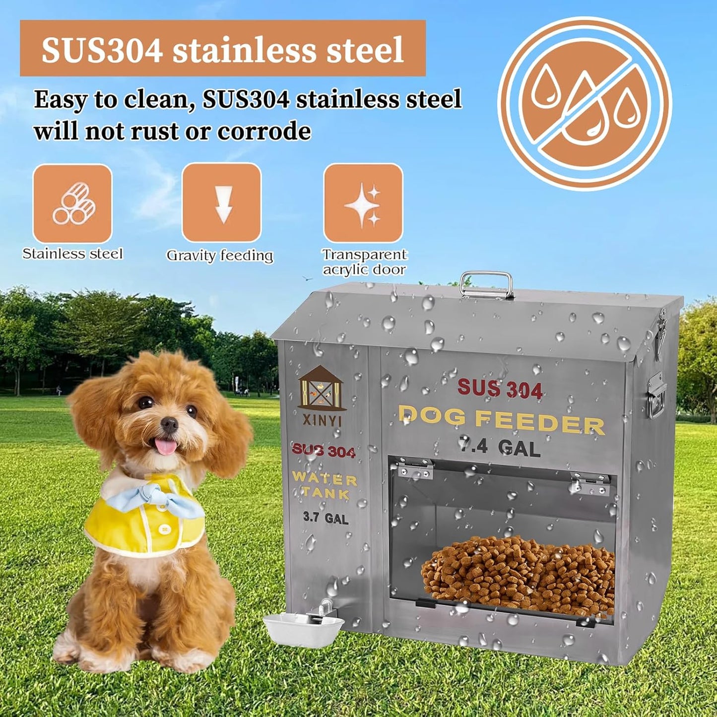 XINYI Automatic Dog Feeder and Waterer 2-in-1,SU304 Stainless Steels 3.7 Gallon Water Tank with 1 Aluminum Alloy Water Cup, 7.4 Gallon Dog Food Dispenser,Automatic Feeder for Pets, Breed, Cat