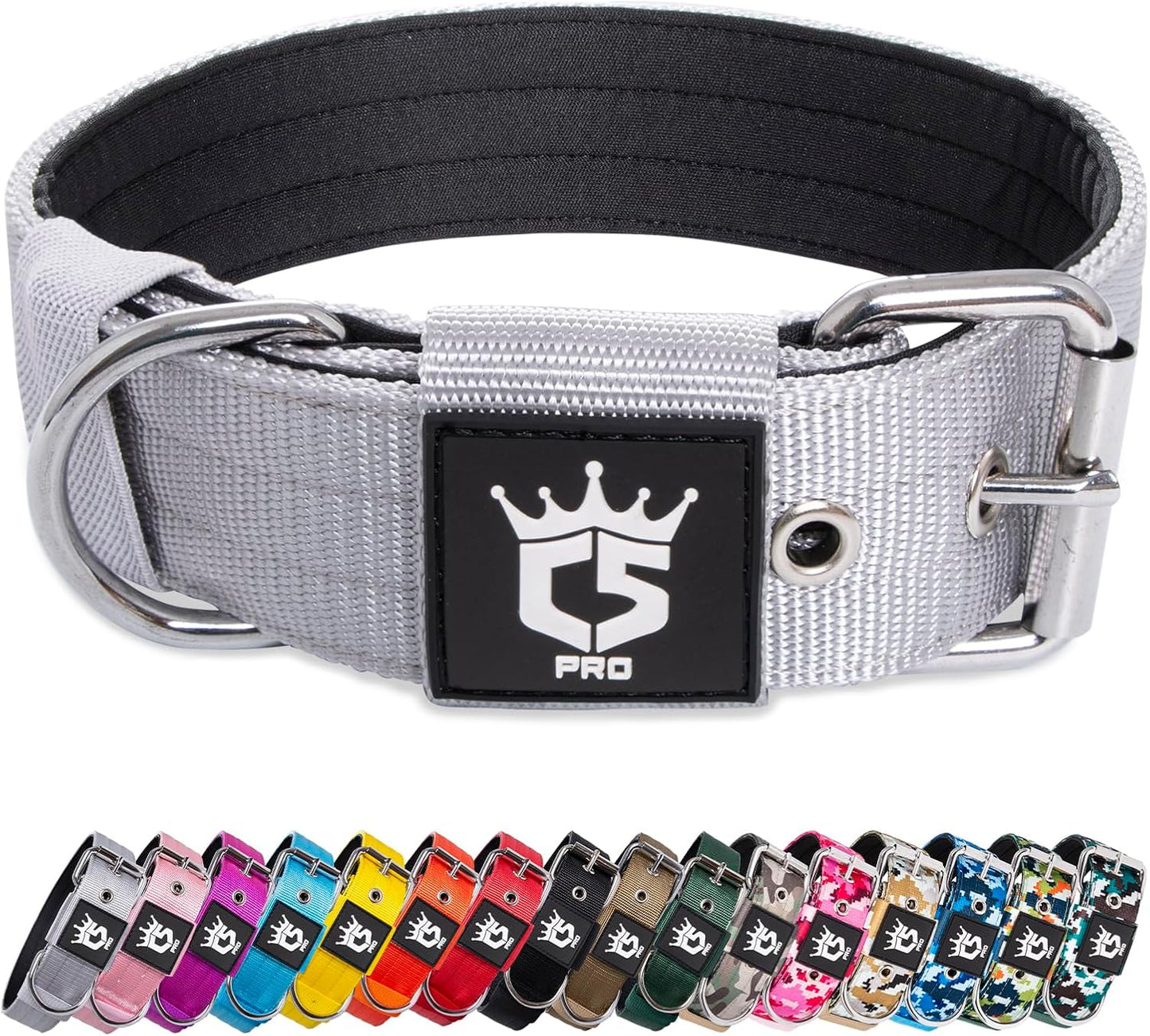 TSPRO Tactical Dog Collar 1.5 Inch Wide Thick Dog Collars with Heavy Duty Metal Buckle, Durable, Strong, Adjustable for Medium to Large Dogs (Silver L)