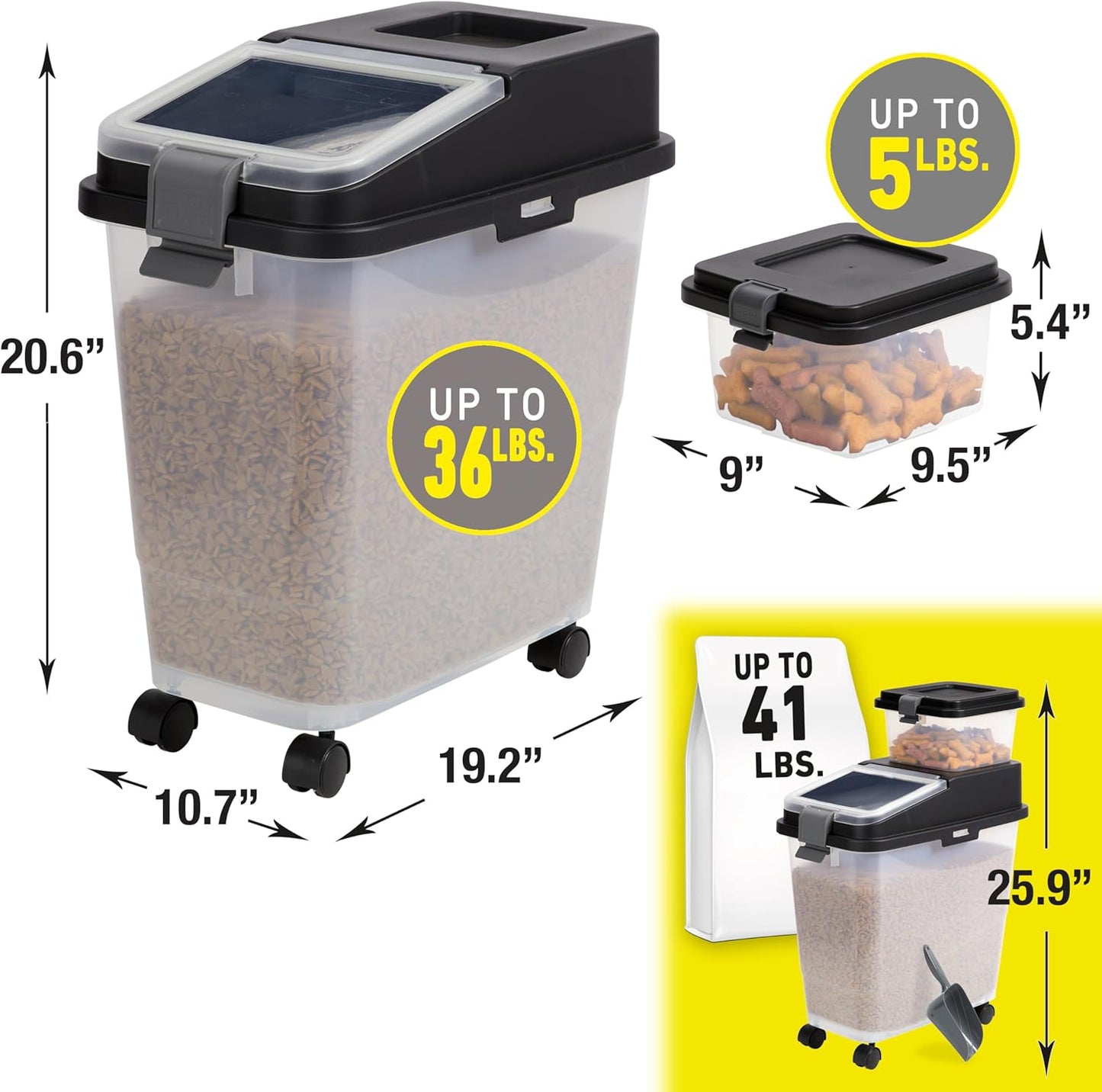 Mighty Tuff 3 Piece Airtight Dog Food Storage Container, Up to 36 lbs, with 5 lbs Dog Treat Container and Portion Scoop – BPA Free Airtight Pet Food Bin on Wheels