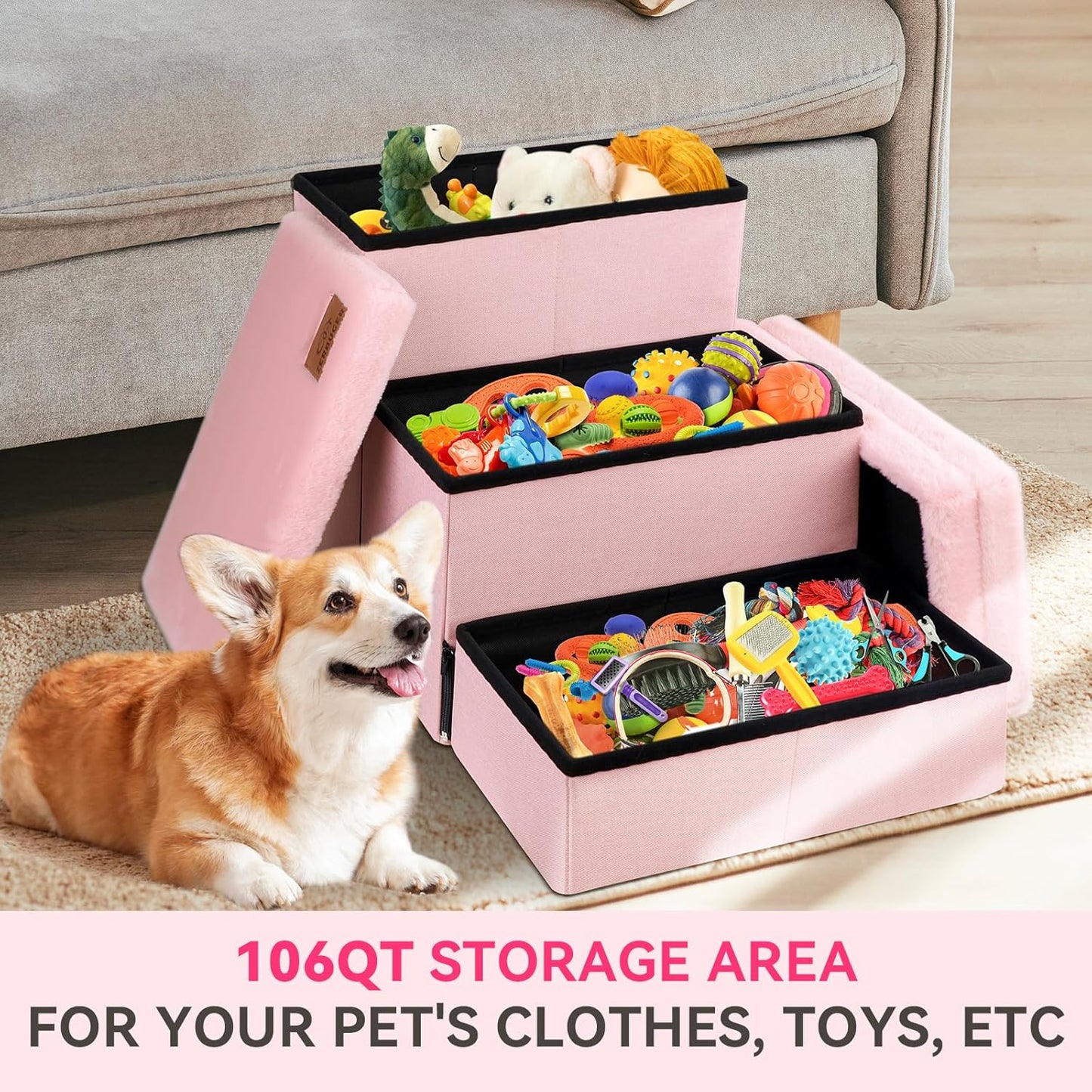 Dog Stairs with Furry Lids 18" H, 3-Step Wider Dog Steps with Storage for Small/Medium/Large Dogs Cats, Folding Sturdy Pet Stairs Climbing Bed or Sofa, Ramp for Car Hold Up to 200 lbs, Pink