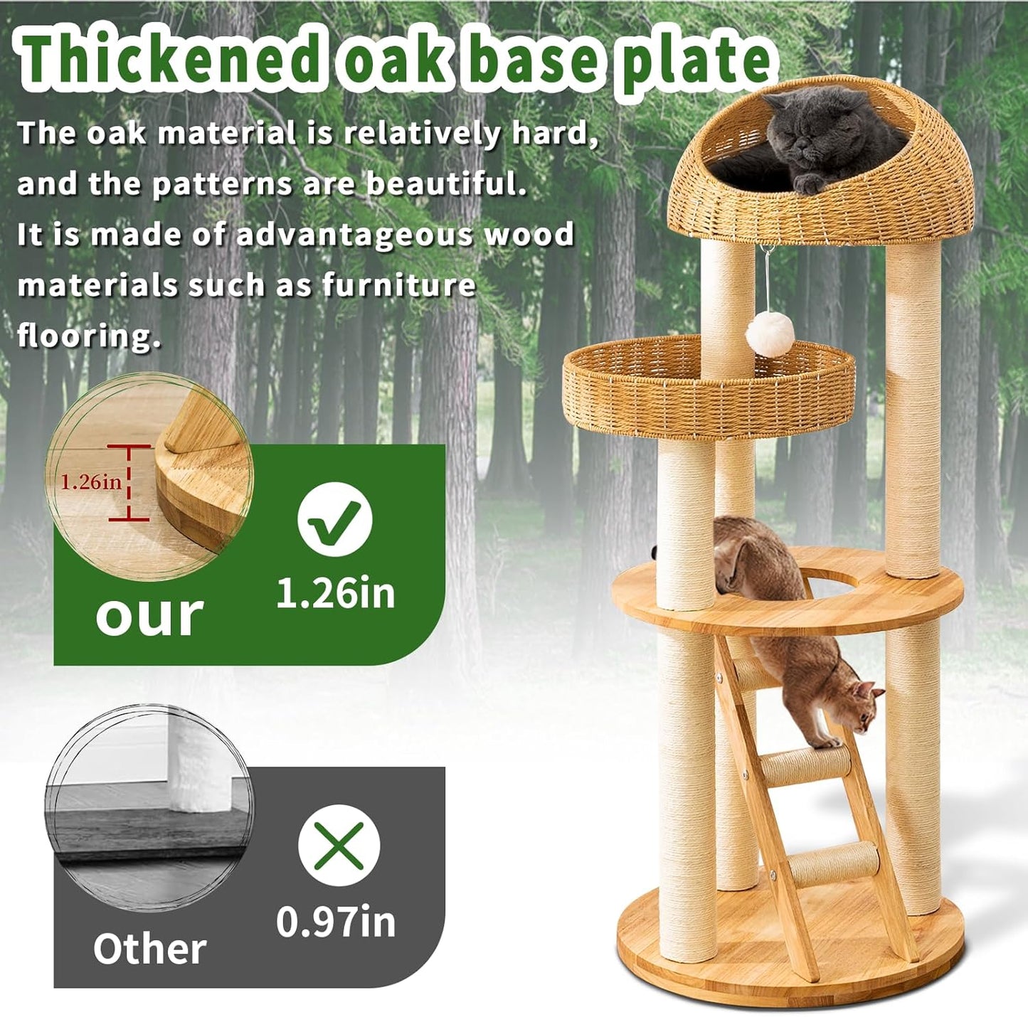 Big Modern Design Cat Tree Tower, Cat Tower Sisal-Covered Scratching Posts for Indoor Cats, Natural Oak Wood Cat Tree for Large Cats, Multi-Level Cat Condo with Sisal Staircase