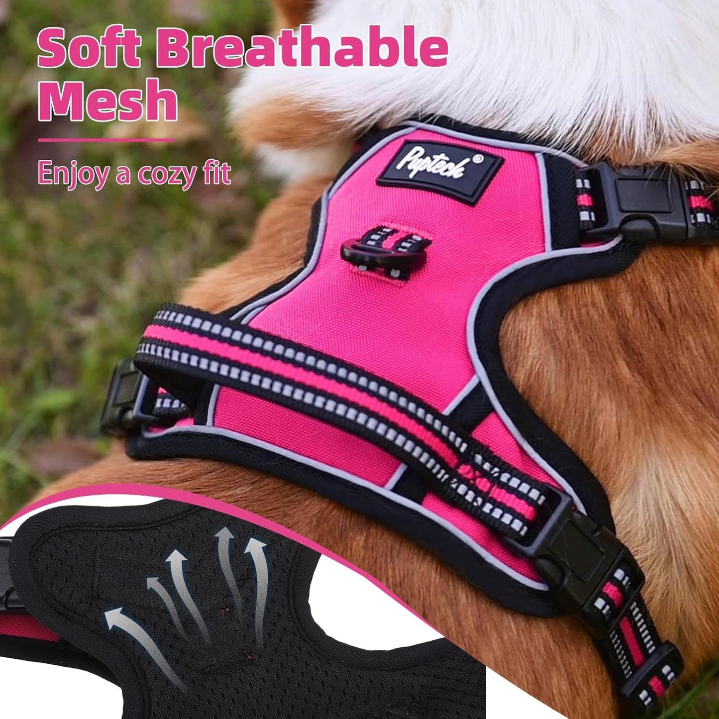 PUPTECK No Pull Dog Harness for Large, Adjustable Reflective Dog Harness with Handle Easy Control, Comfortable Soft Padded Pet Vest Harness for Extra Large Dogs, Fuschia XL
