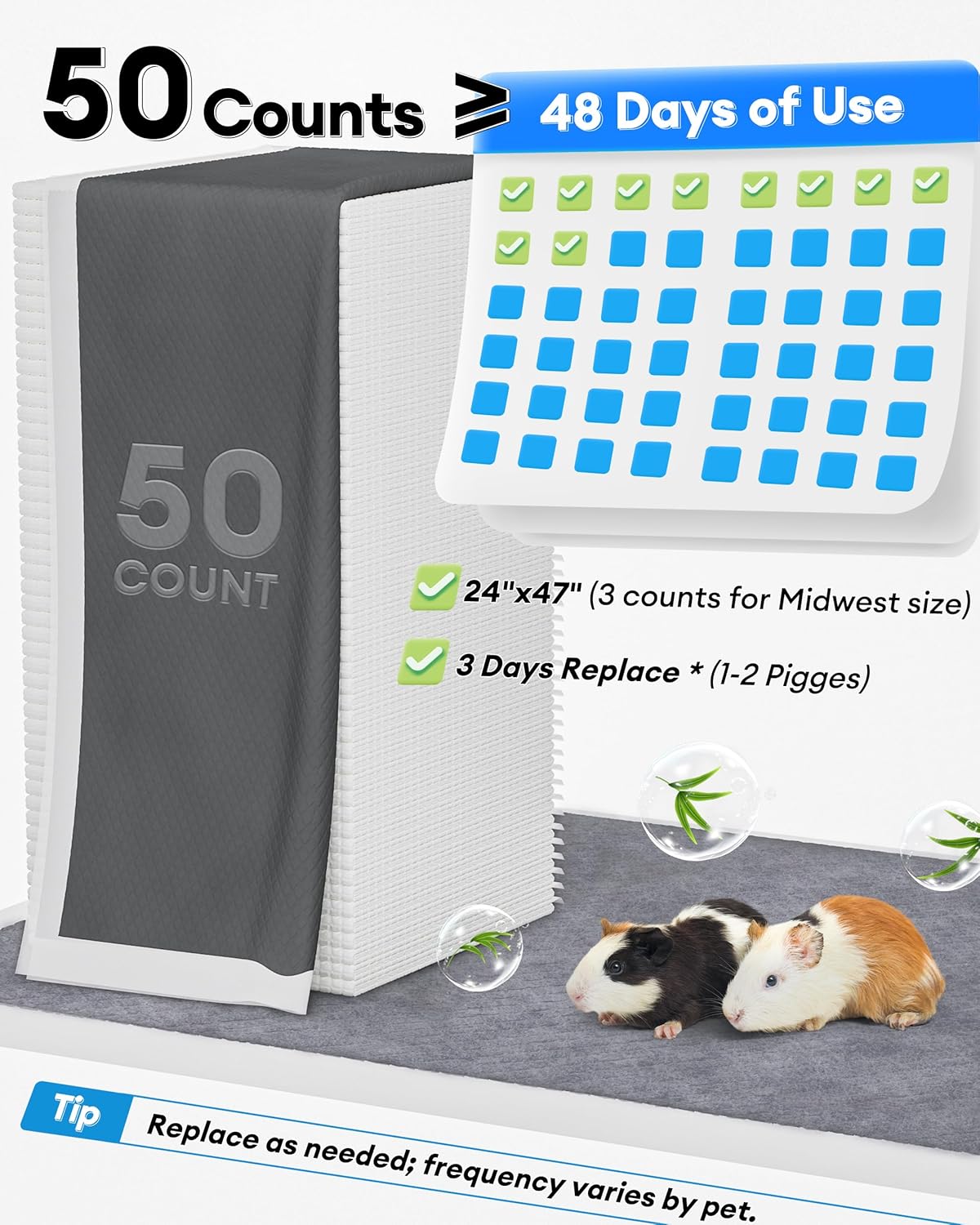 BUCATSTATE 50 Count Disposable Guinea Pig Cage Liners, Super Absorbent Guinea Pig Bedding, Bamboo Charcoal Odor Control Pee Pads for Rabbits, Ferrets and Small Animals (18''x24'')