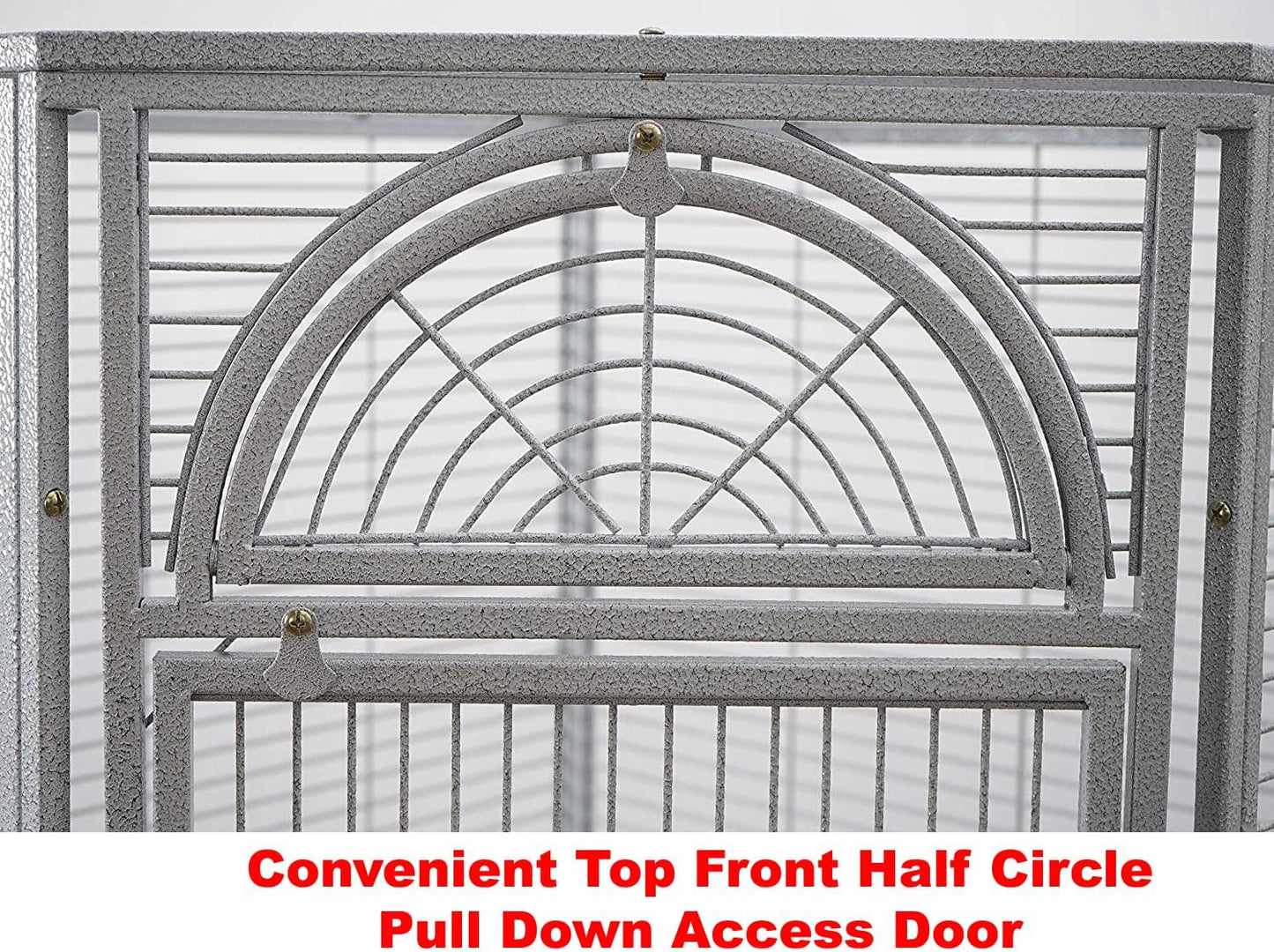64" Extra Large Corner Bird Flight Breeding Wrought Iron Rolling Parrot Cage Side Solid Metal Plate Feed Doors Pull Out Removable Grate and Tray with Around Metal Seed Guard