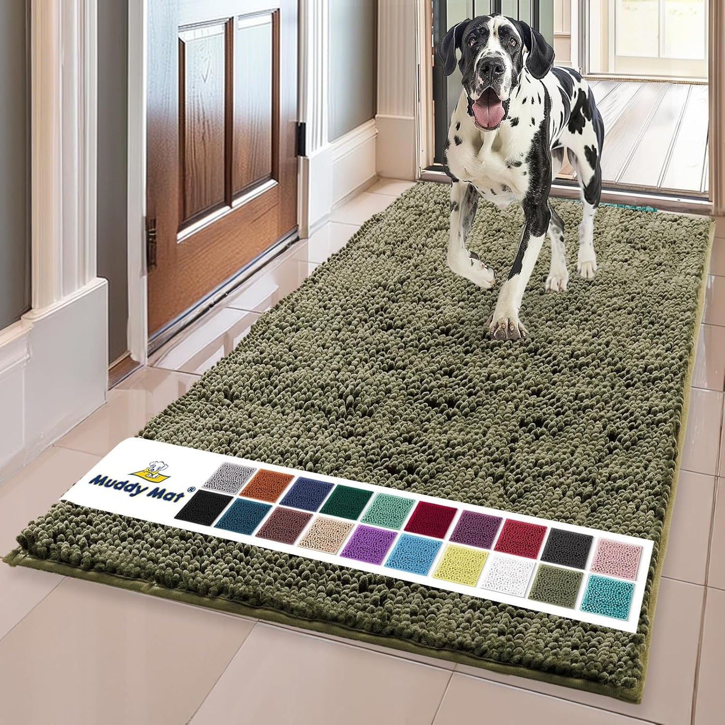 Muddy Mat® Shown on TV – Super Absorbent Door Mat Indoor, Microfiber Quick Dry Chenille Entryway Rug, Non-Slip Front Door Mat, Indoor Mats for Entryway, Machine Washable Pet Rug, Army Green 36"x60"