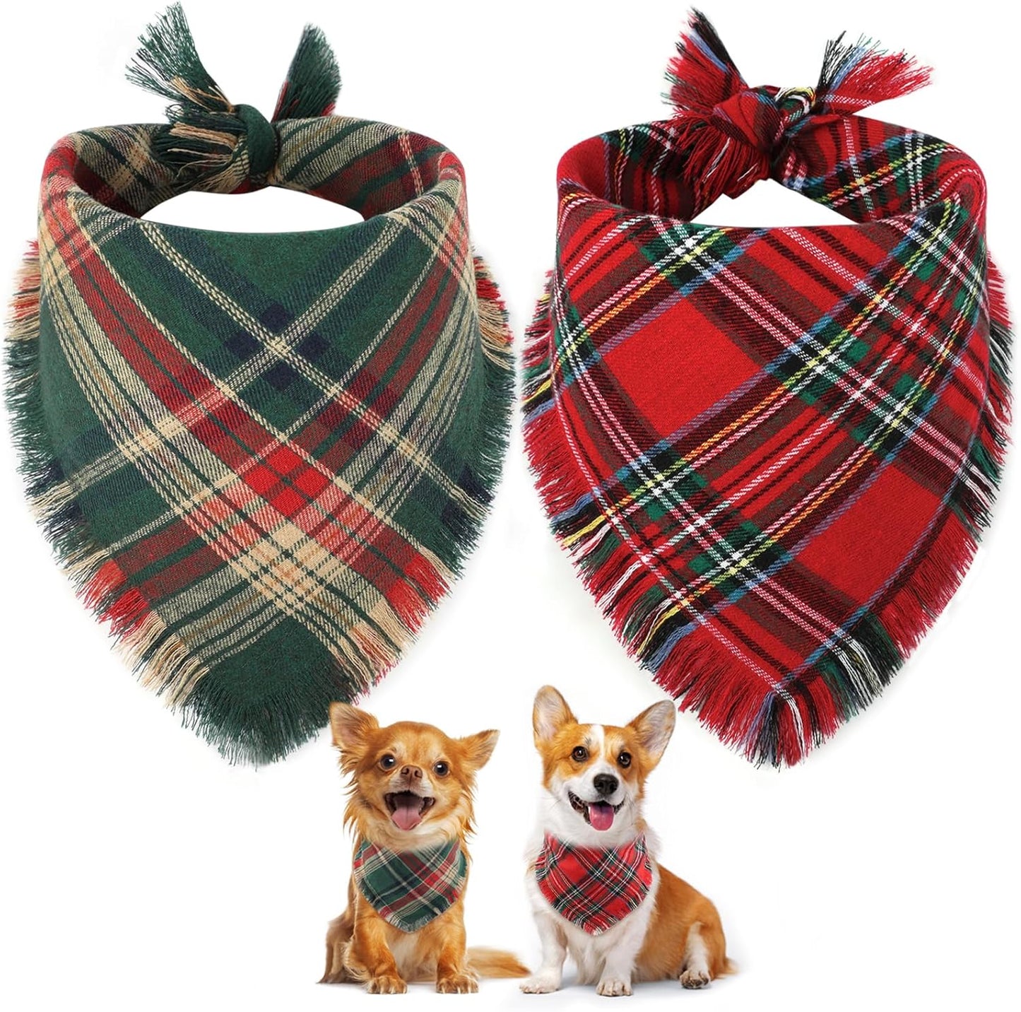 Vivifying Dog Christmas Bandana with Tassels Edges, 2 Pack Classic Plaid Triangle Pet Apparel & Accessories, Funny Holiday Dog Scarf Costume for Photo Prop, and Party Decor (Small, Red&Green)