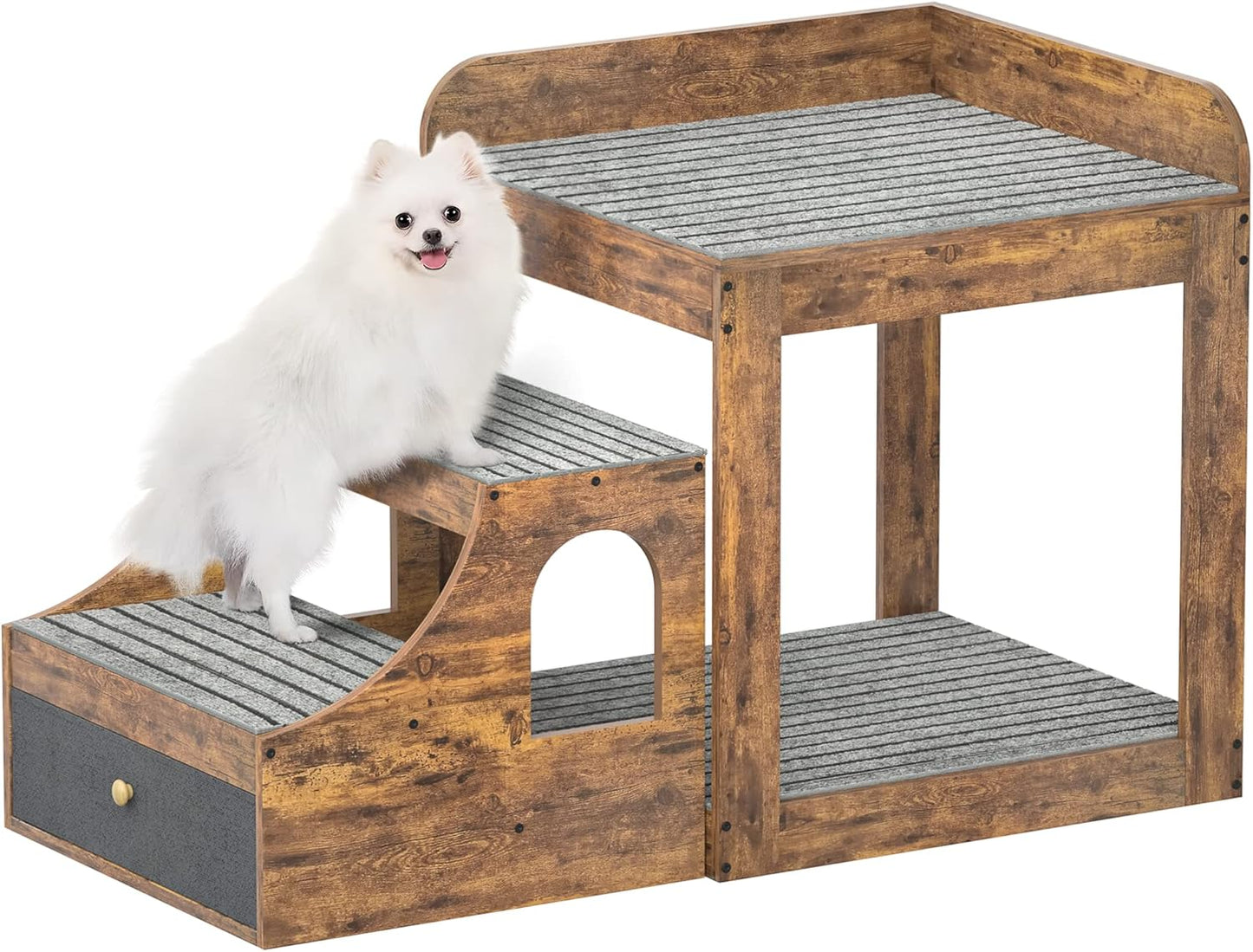 Pet Window Perch with Stairs, Super Large Pet Bunk Bed for Cats, Multi-Level Pet Seat Platform with Mats, Pet Bed Couch with Drawers for Bedside, Home, Indoor Use, Large Size, R