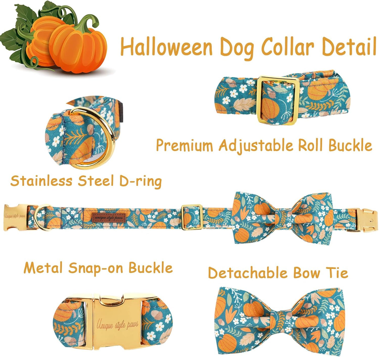Unique style paws Halloween Dog Collar with Bow Tie Pumpkin Cotton Collar Adjustable Puppy Collar for Small Medium Large Dogs-XS