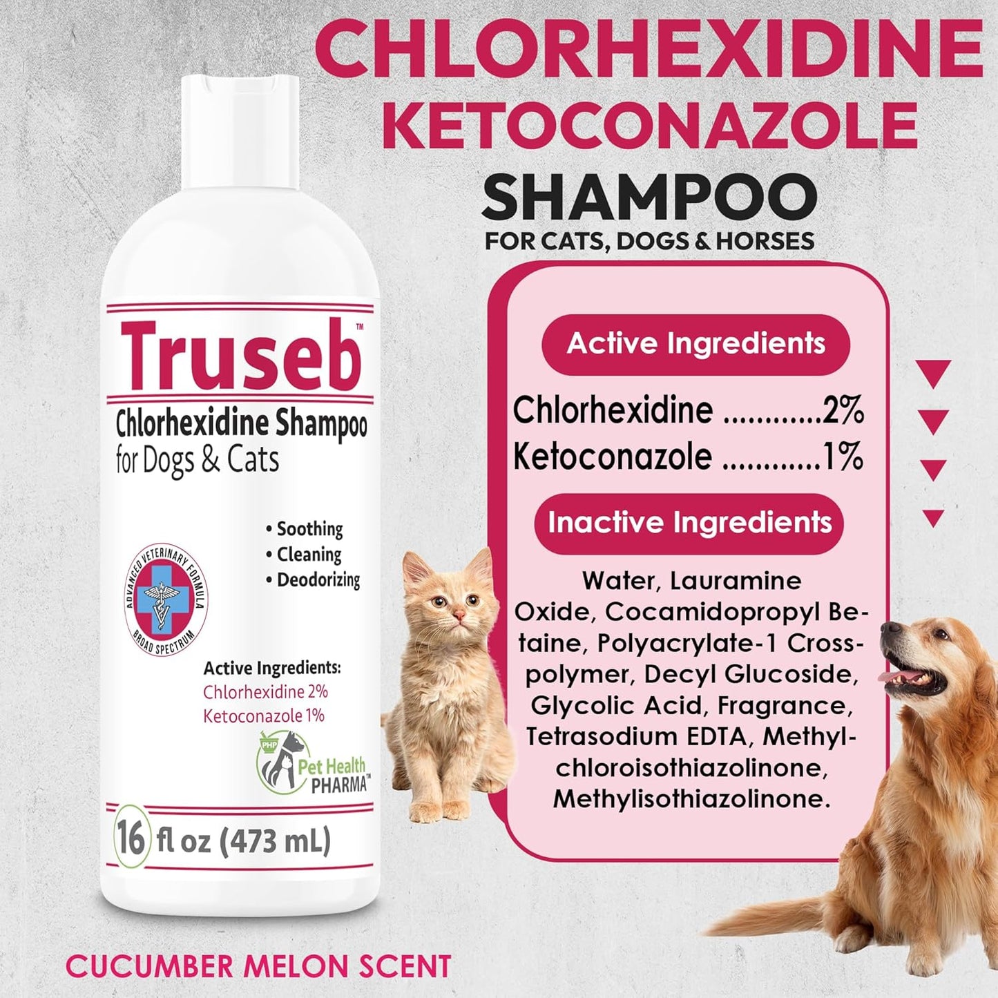 Truseb Topical Ketoconazole and Chlorhexidine Shampoo for Dogs, Cats & Horses with Aloe Vera and Conditioner(USA) (Ketoconazole & Chlorhexidine Shampoo, 16 oz)