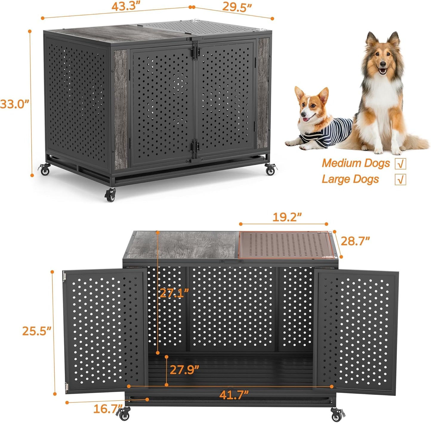 42" Heavy Duty Dog Crate Furniture for Medium and Large Dogs, Enclosed Design with 0.5 inch Holes, Indestructible Metal Kennel for High Anxiety Dogs, Chew Proof Indoor Pet House Cage, Gray